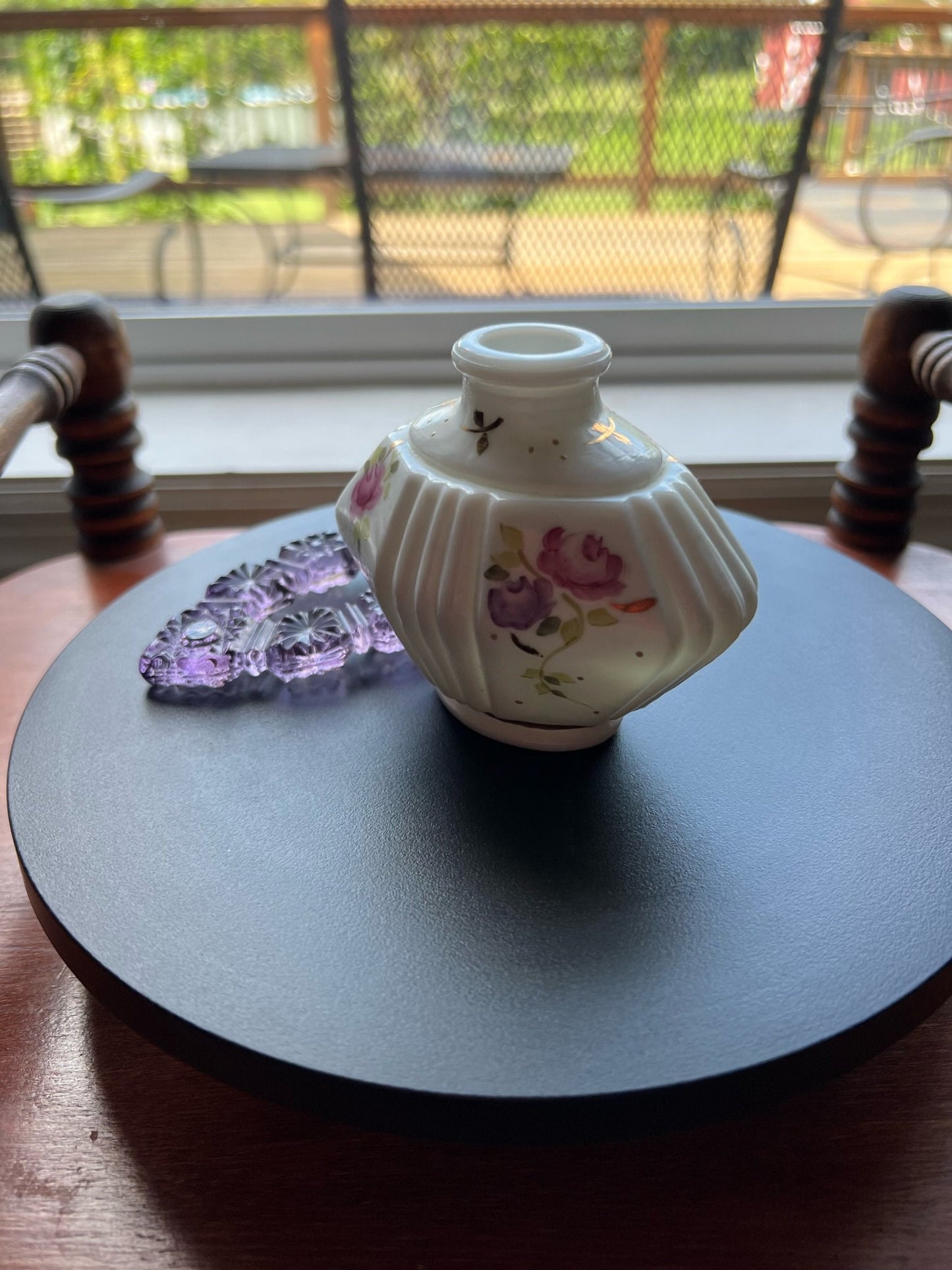 Vintage Fenton Charleton Perfume Bottle: Hand-Painted Floral Etched Stopper
