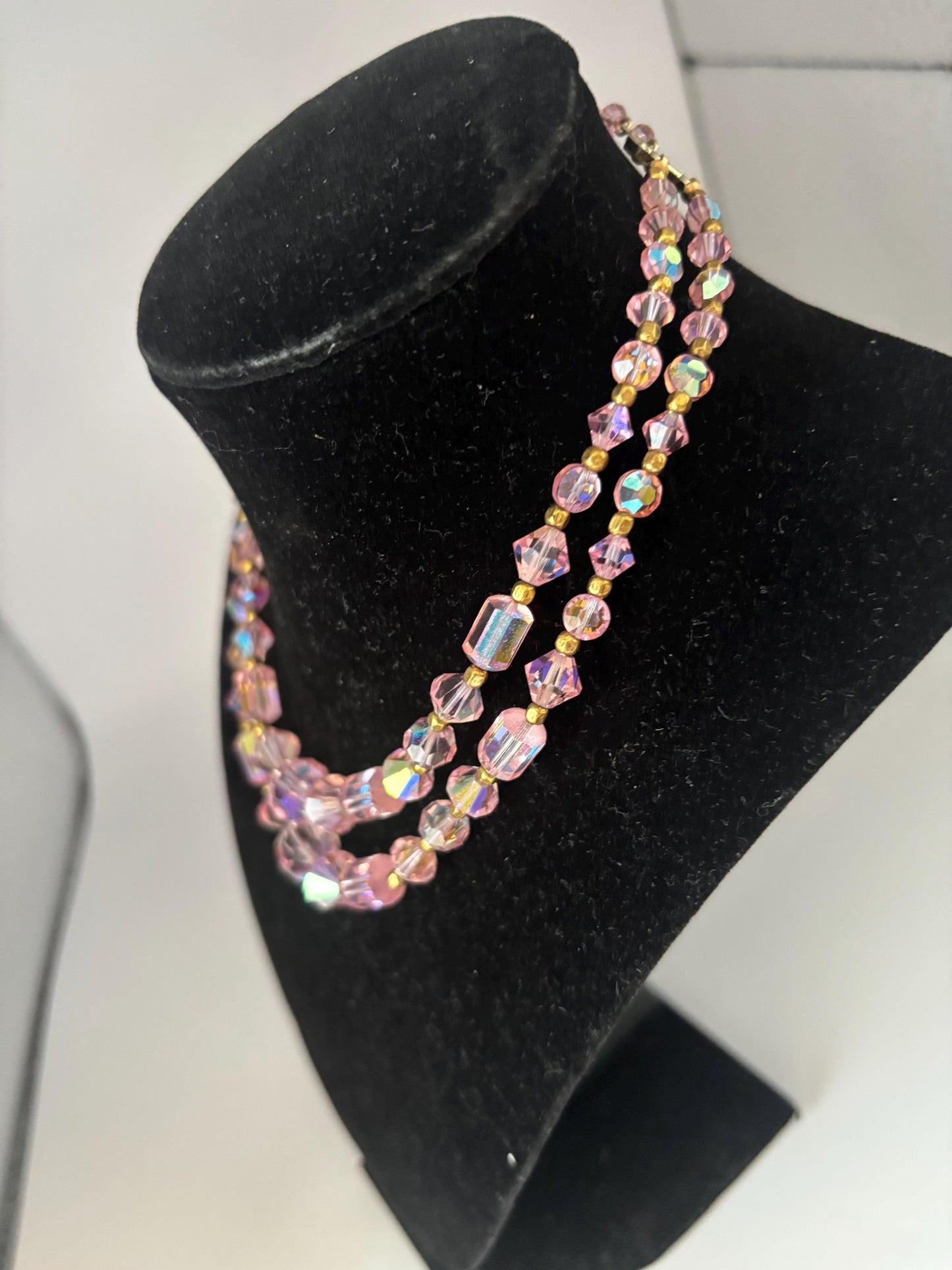 Vintage Pink Aurora Borealis Style Crystals & Gold Necklace Fringe Jewelry Lover Antiques and Vintage