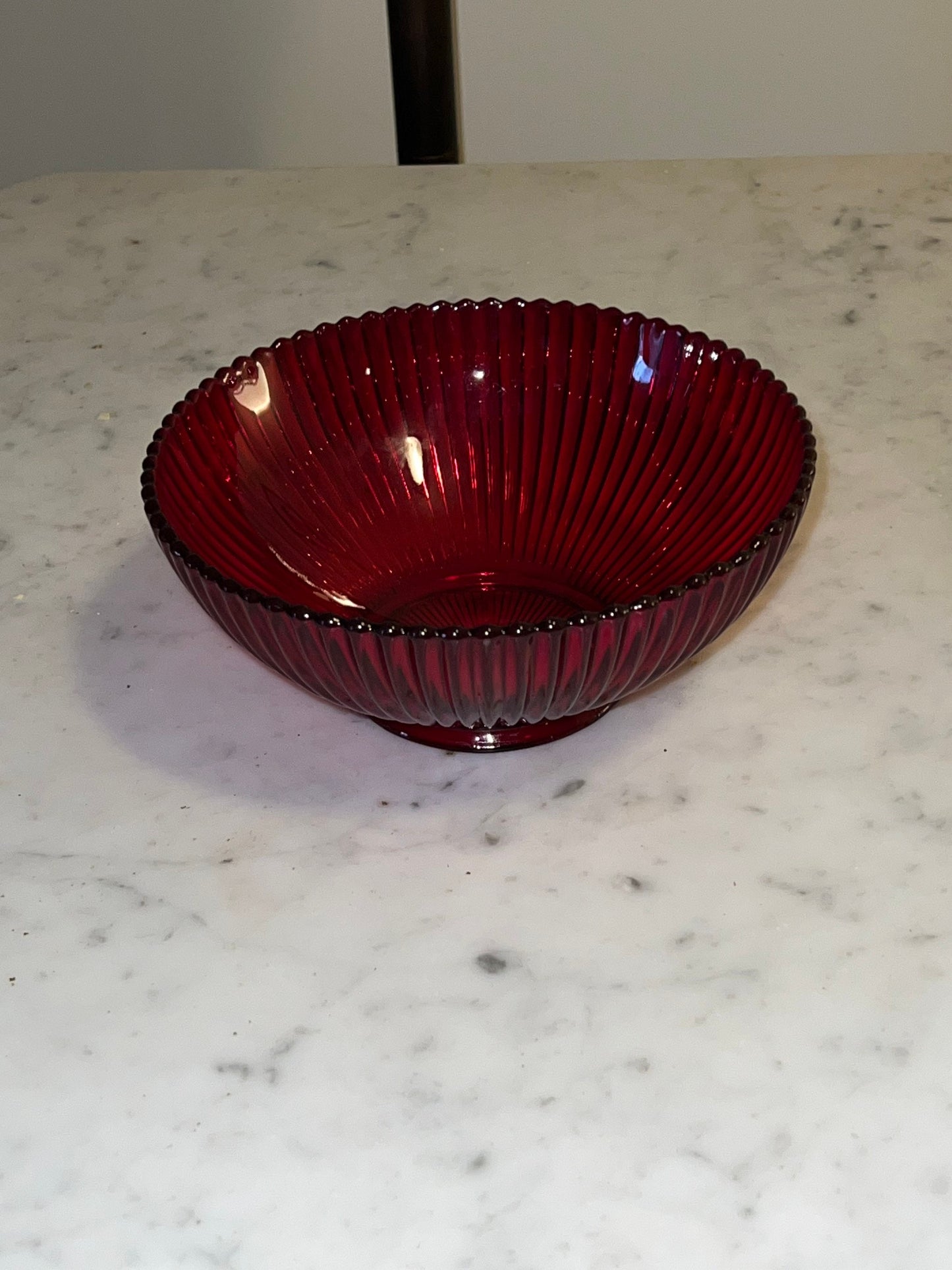 Vintage Anchor Hocking Glass Round Serving Bowl Queen Mary vertical ribbed or prismatic line pattern