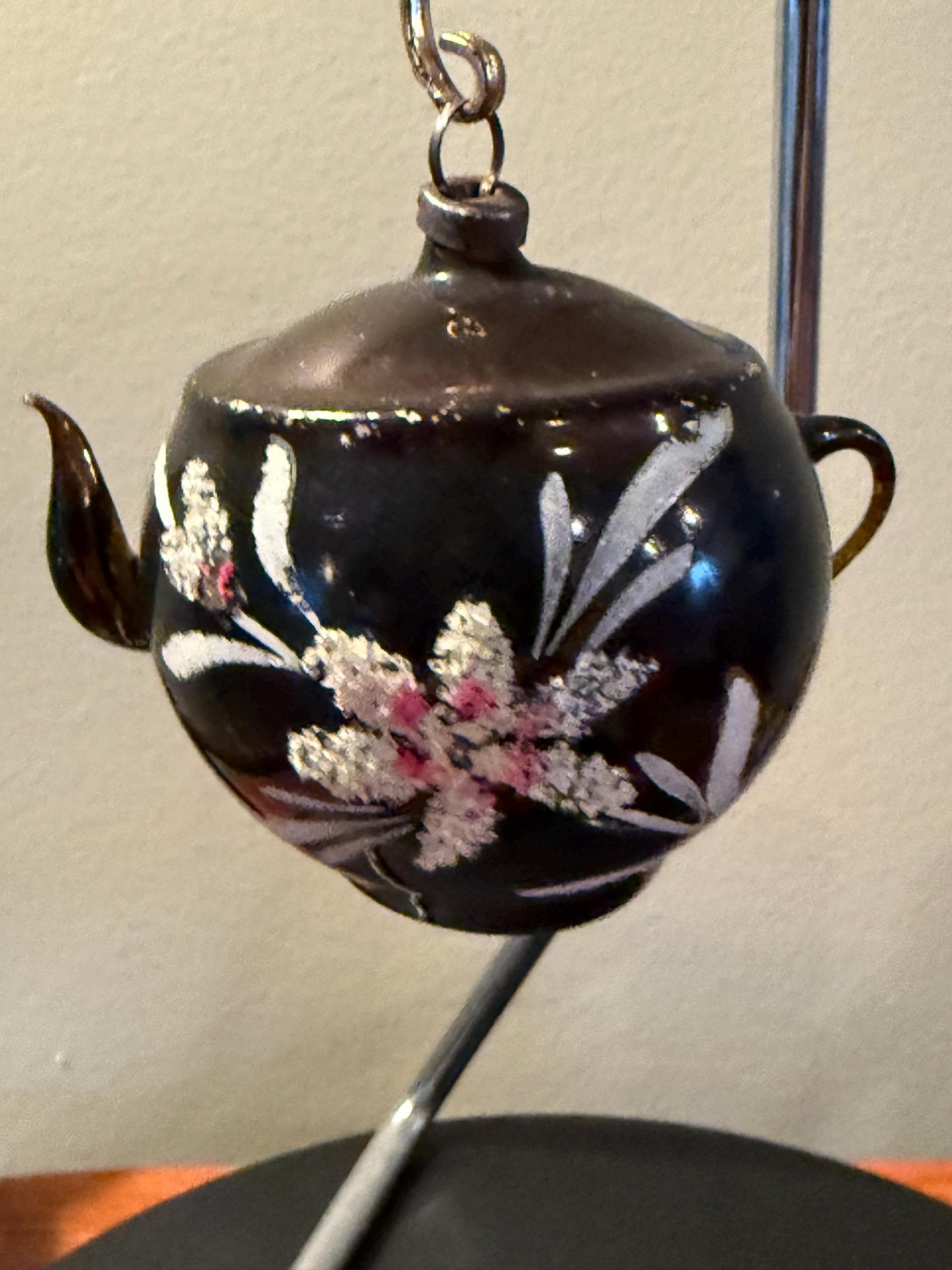 Vintage Dark Berry Tea Pot Ornament Hand Blown Hand Painted Flower Design on Maroon Teapot Ornament Lover Antiques and Vintage