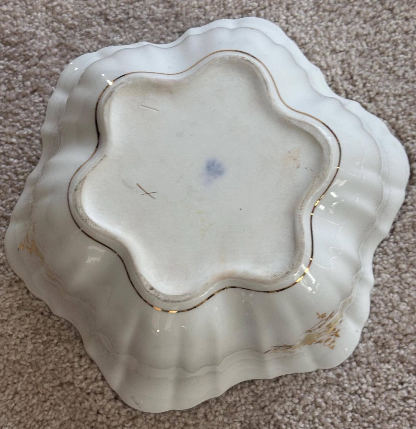 Antique German Dresden Scalleoped With Gold Trim, Ruffled Serpentine Floral Butterfly Bowl, Gold Gilded Plate, Lover Antiques and Vintage