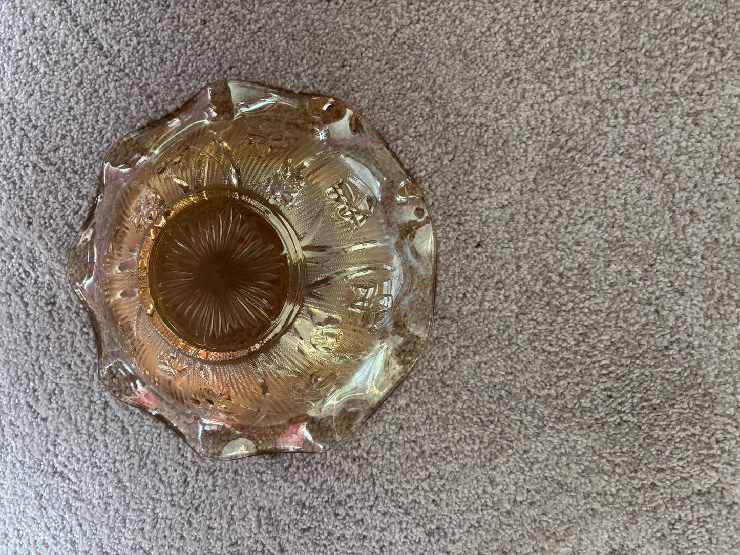 Jeannette Iris and Herringbone Marigold Carnival Glass Ruffled Bowl, Lover Antiques and Vintage