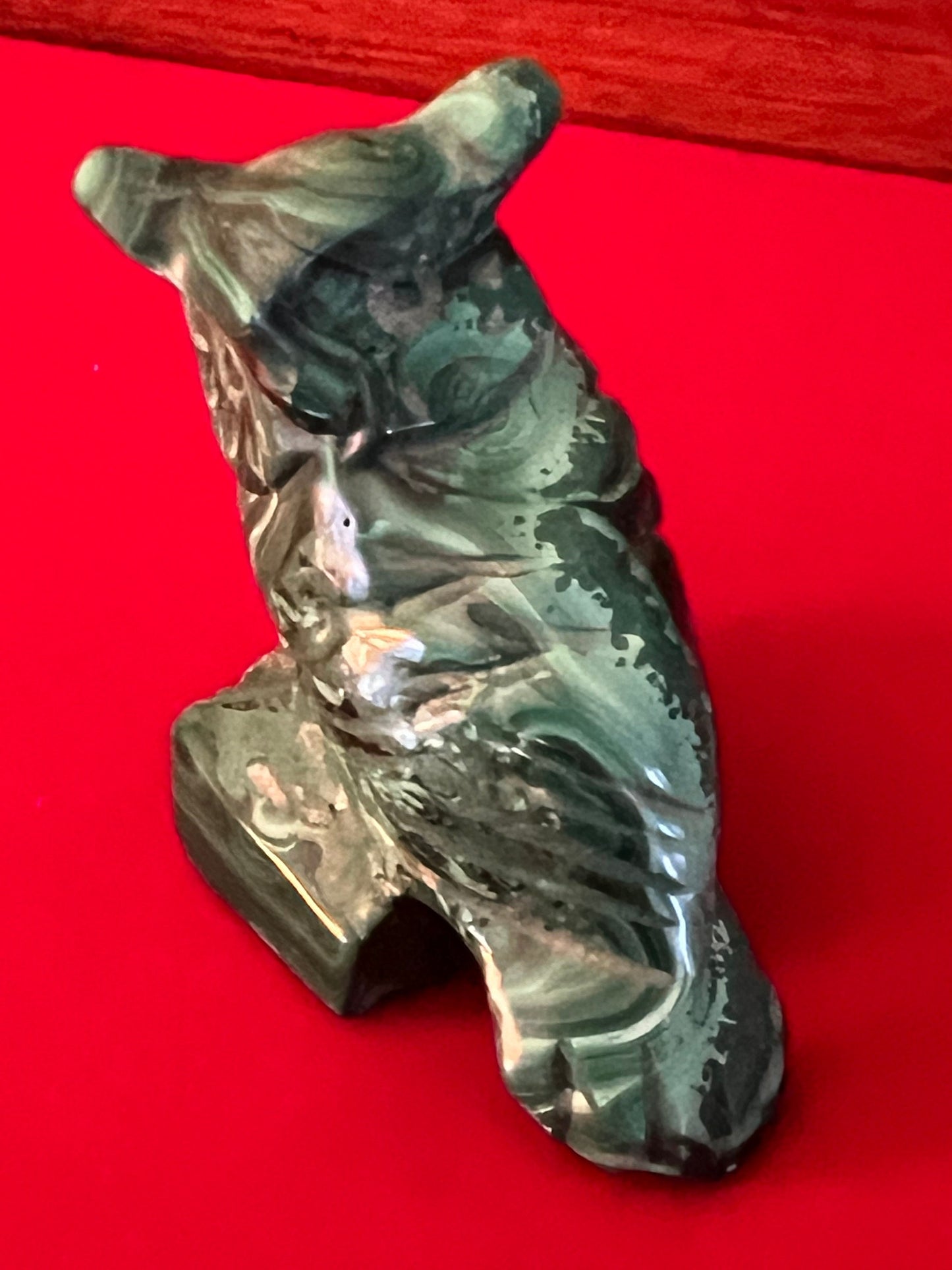 Vintage Carved Malachite Owl Figurine on Pedestal Base