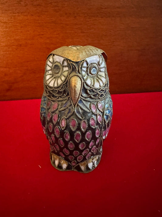 Vintage Cloisonné Owl Statue: Enameled Brass Figurine with Gold Top