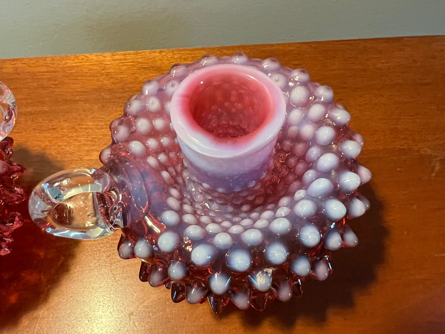 Vintage Fenton Cranberry Opalescent Hobnail Candleholder Pair Art Glass Pink Rose vintage