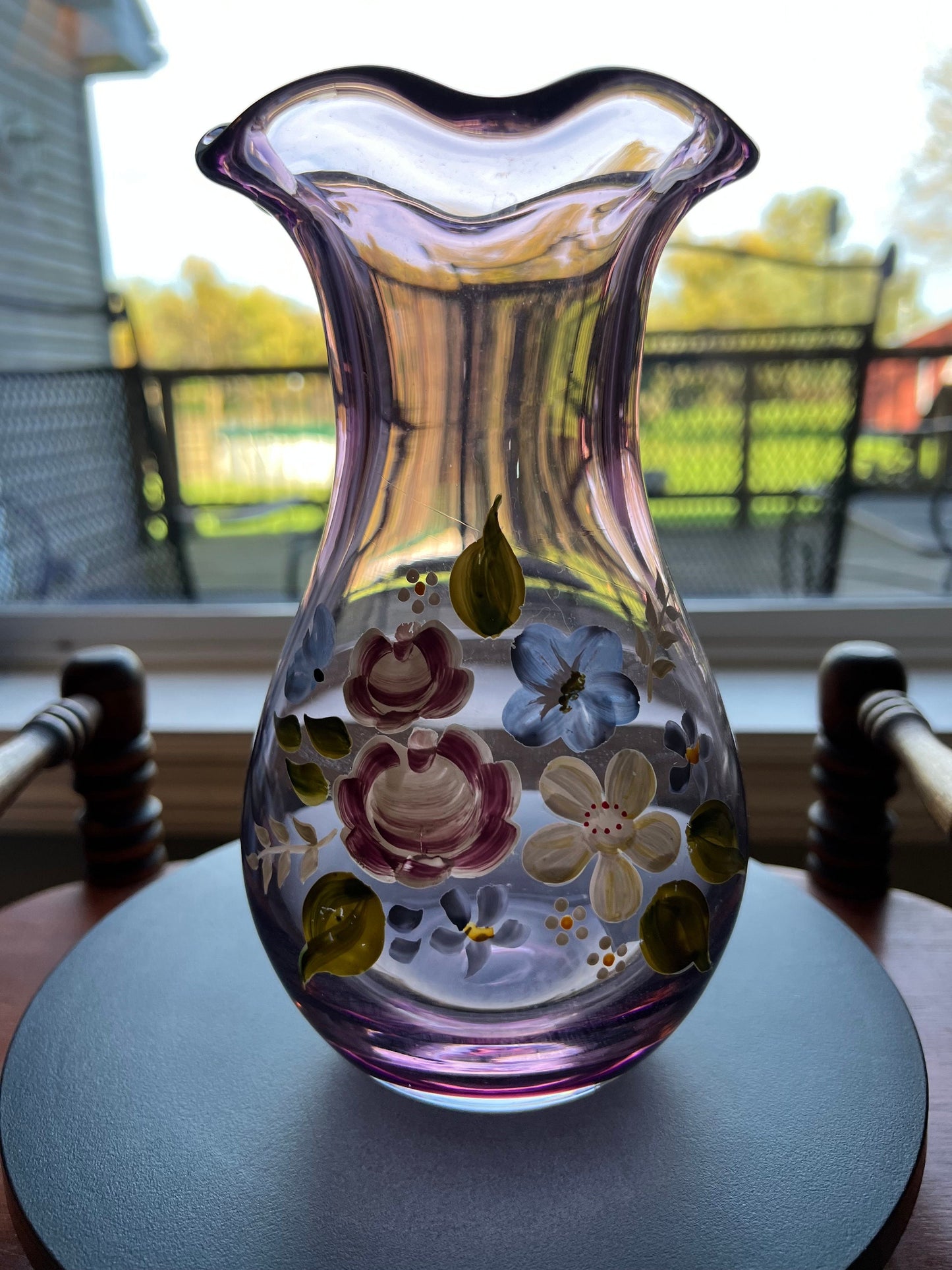 Vintage Fenton Hand Painted Purple Amethyst Vase, Ruffled Top Vase, Art Glass Lover Antiques