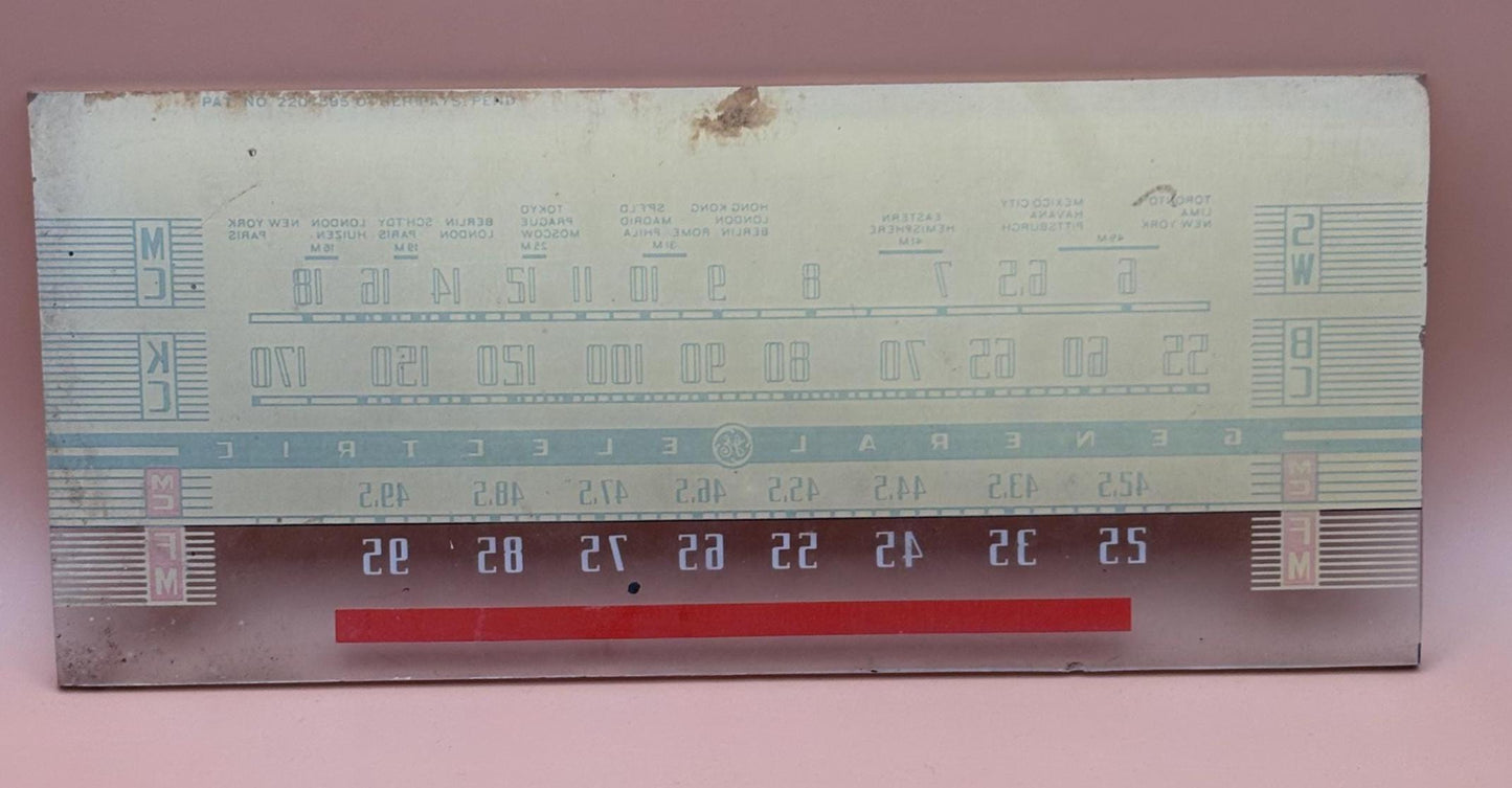 GE Radio Glass Fronts, General Electric Model J-62 Tube Radio Dial, Replacement Part