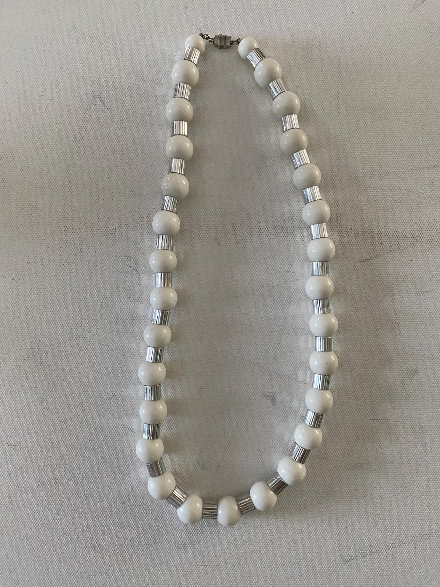 Vintage White Beaded Necklace with Silver Accents