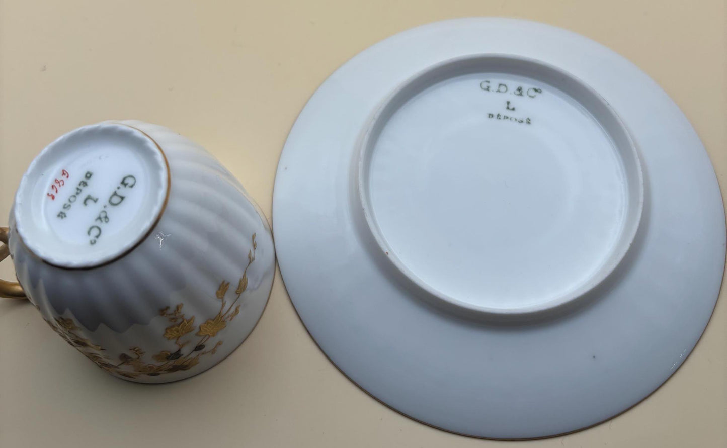 Antique G. D & C. Limoges of France Depose Porcelain Tea Cup and Saucer Hand Painted Leaves Lover Antiques and Vintage