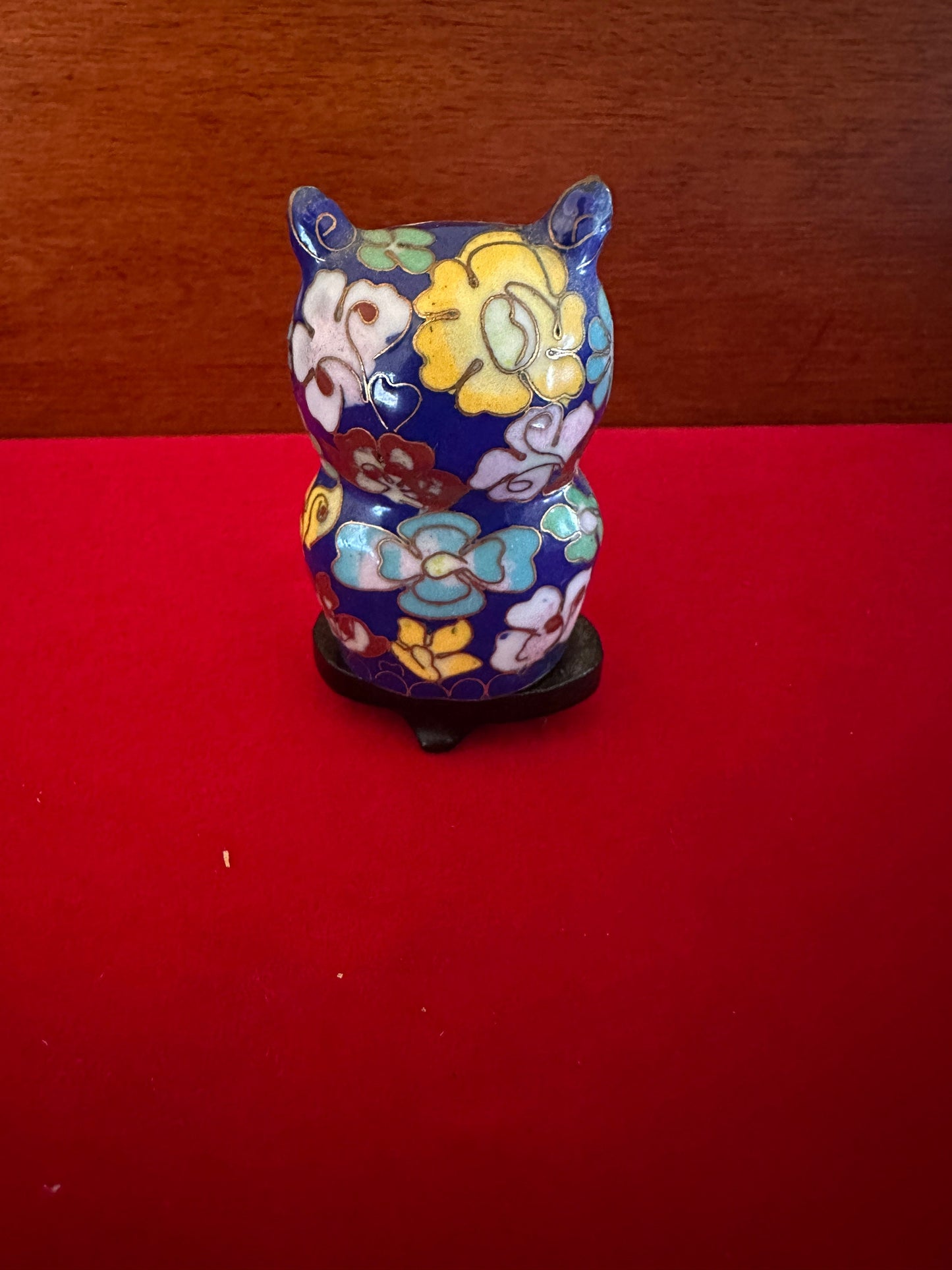 Vintage Cloisonné Enamel Owl Figurine on Stool: Cobalt Blue Brass Statue