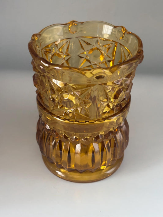 Antique Richards and Hartley Daisy Button Crossbar Mikado Amber Glass Vase Cup, Toothpick Holder, Lover Antiques and Vintage