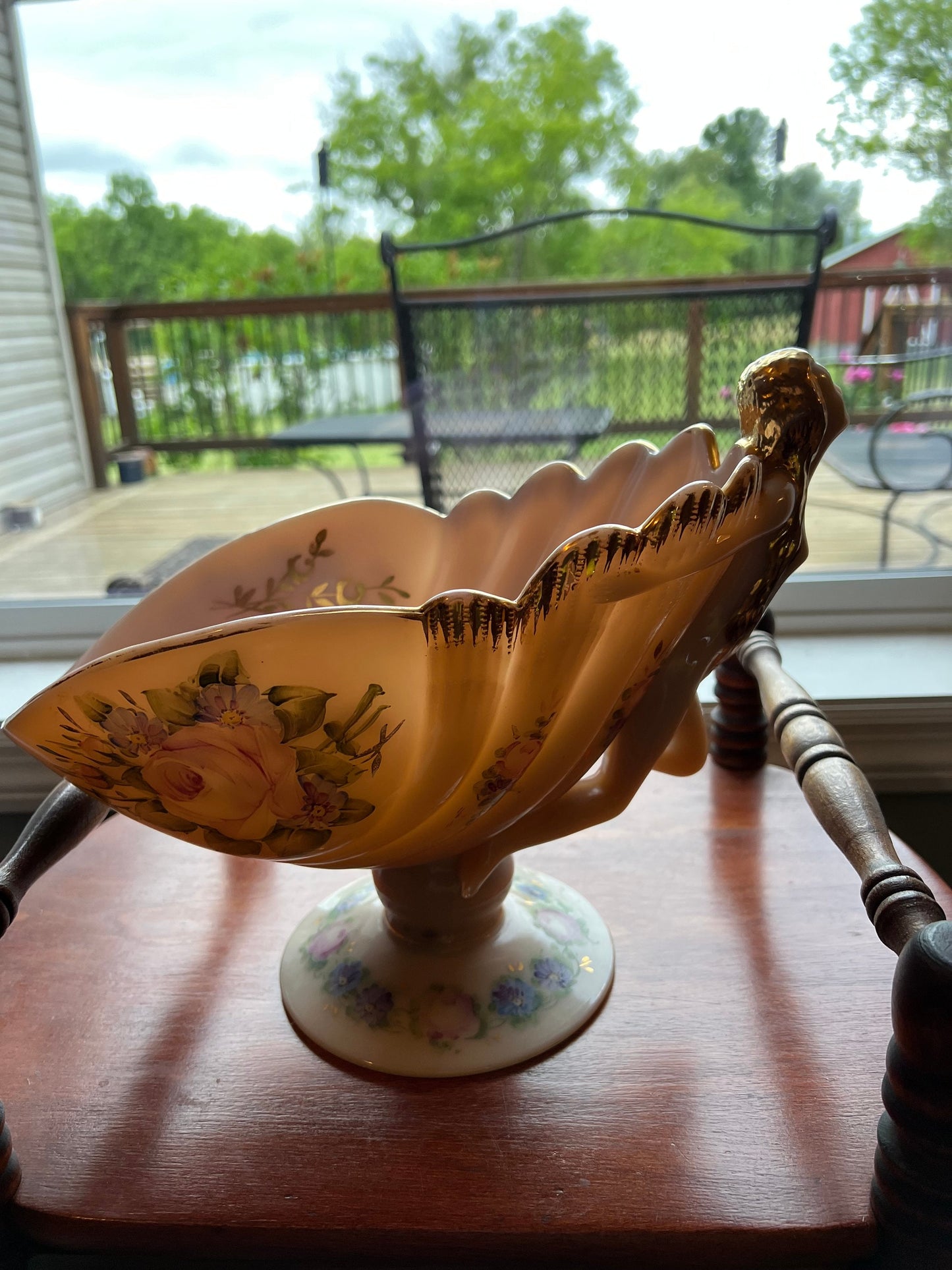 Vintage Cambridge Crown Tuscan Flying Lady Compote: Gilt Floral Opalescent Peach Glass Bowl