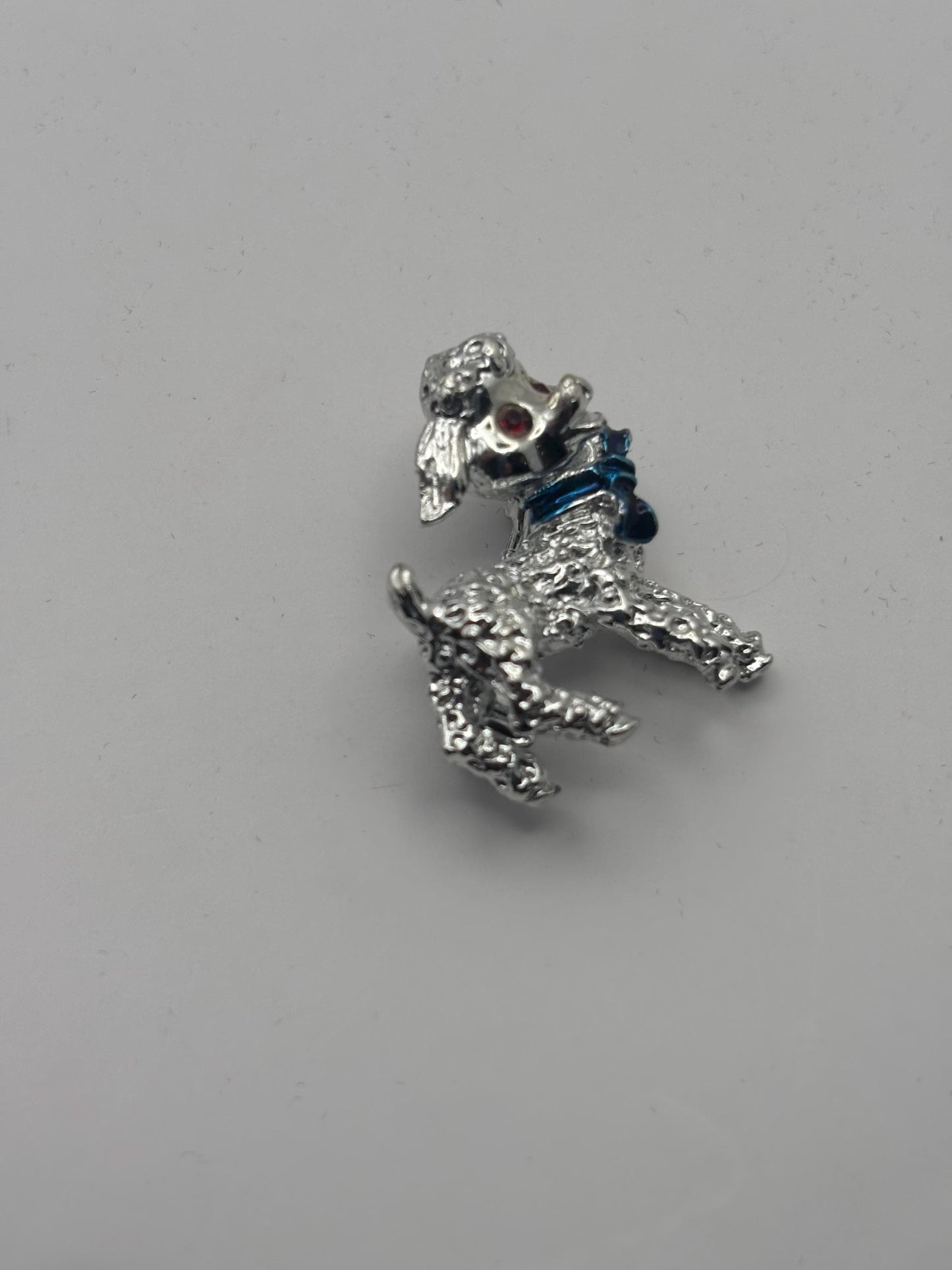 Silver Lamb Pin with Red Rhinestone Eyes and Blue Bow, Little Lambie Pin