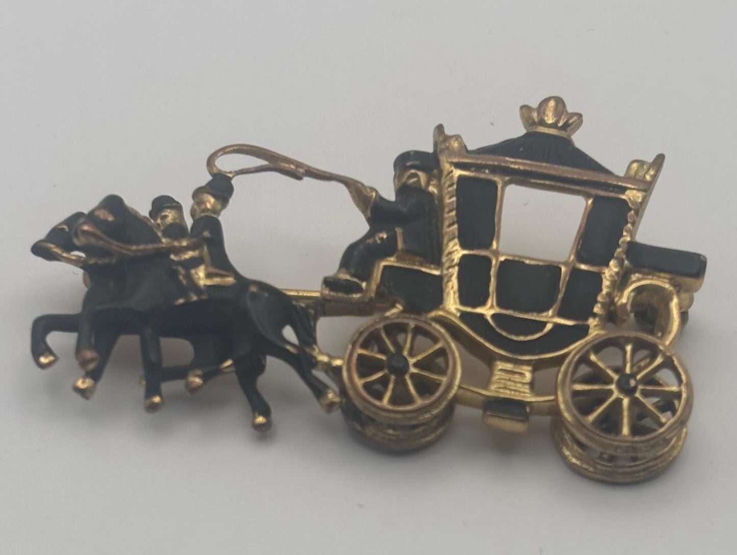 Vintage Carriage Stagecoach Horse Pin Black Enamel Gold Brooch Lover Antiques and Vintage