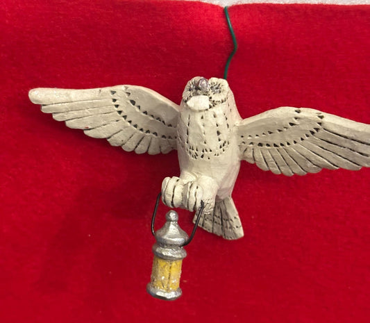 Pam Schifferl Early Hand Carved Owl with Lantern, Wings Spread Carrying a Lantern, Hand Painted Early Owl Carving