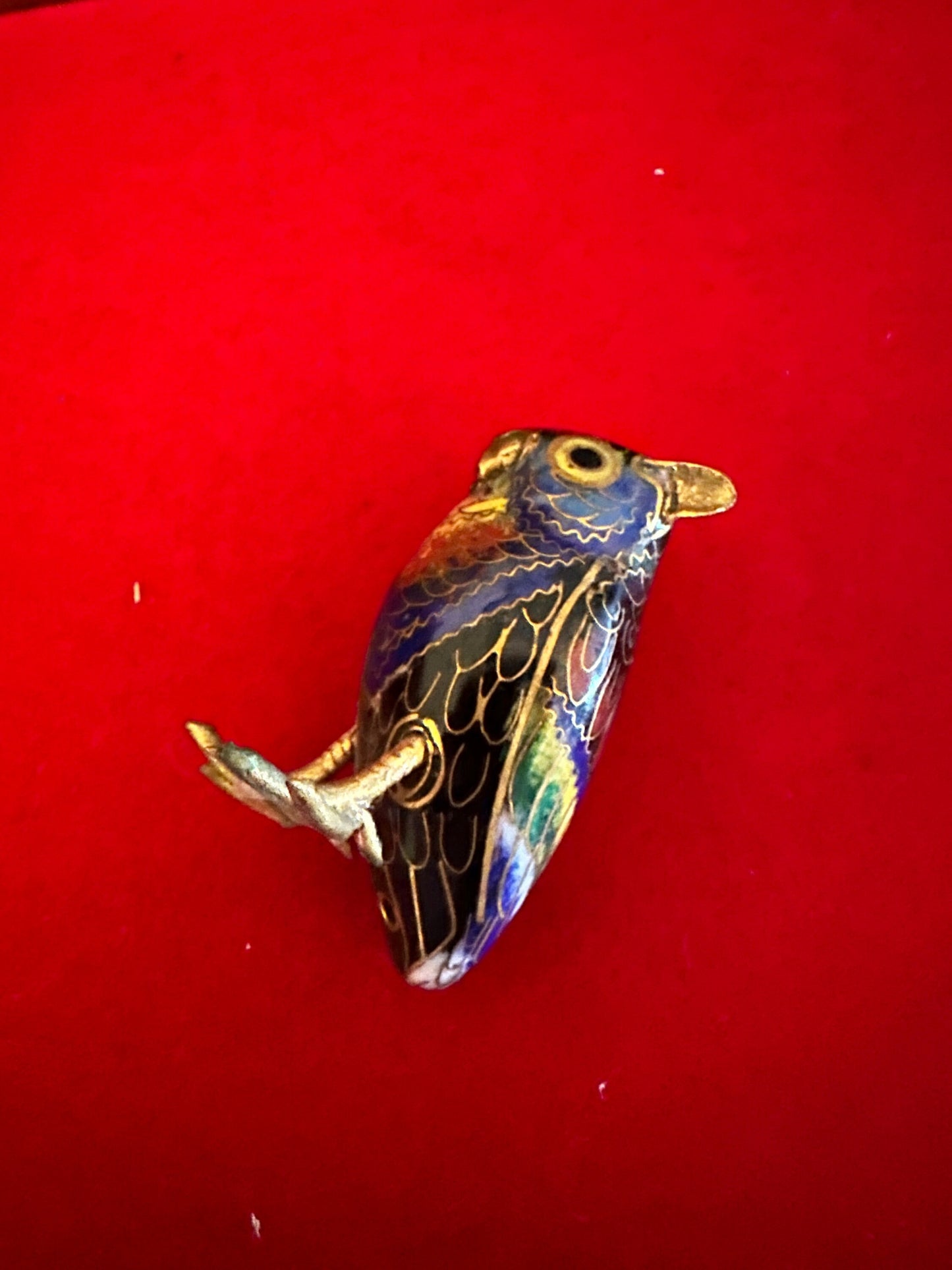 Antique Cloisonné Enamel Brass Owl Figurine: Cobalt Blue Decor