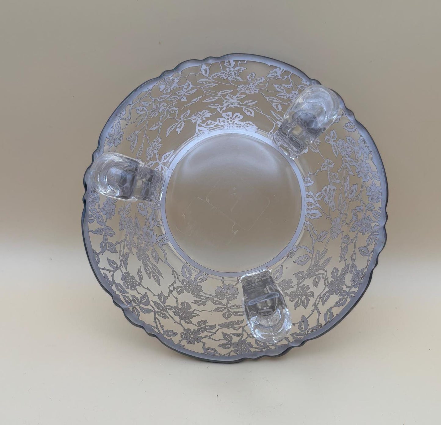 Silver on Crystal Large Three Footed Glass Bowl, By Silver City, Lover Antiques and Vintage