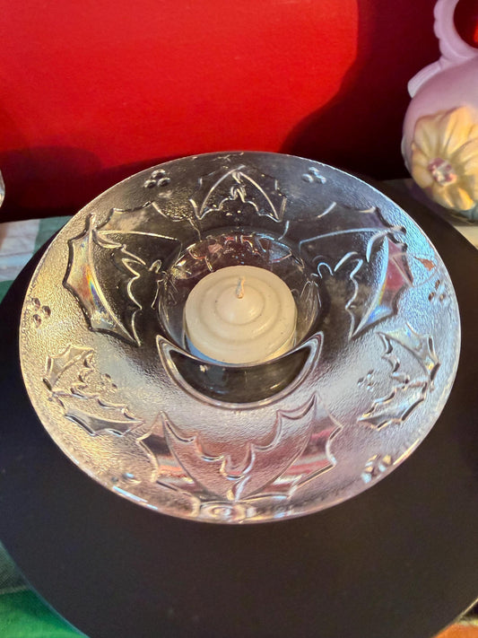 Vintage Glass Votive Candle Holder 5 Inch Wide 2 Inch High Embossed Design