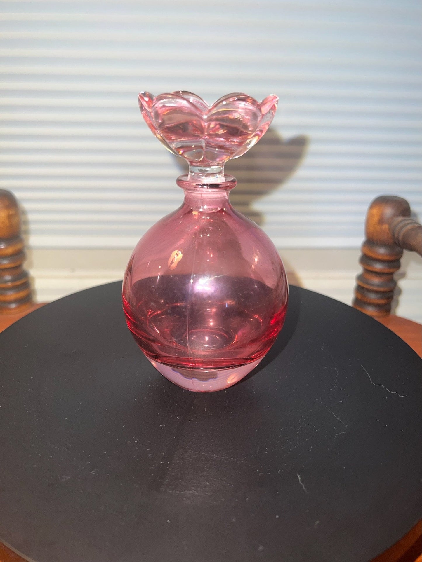 Vintage Cranberry Glass Decanter: Pink Flower Stopper, Art Glass Bottle