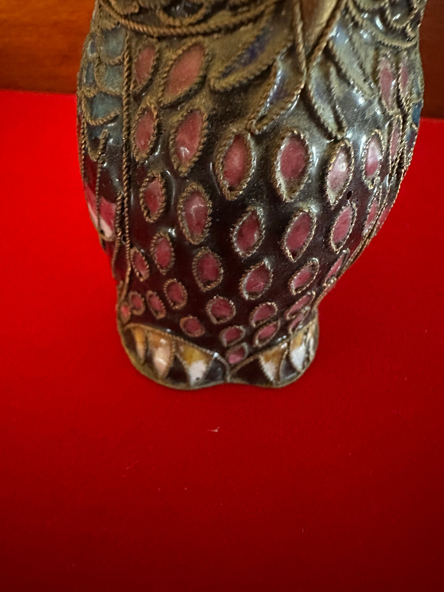 Vintage Cloisonné Owl Statue: Enameled Brass Figurine with Gold Top