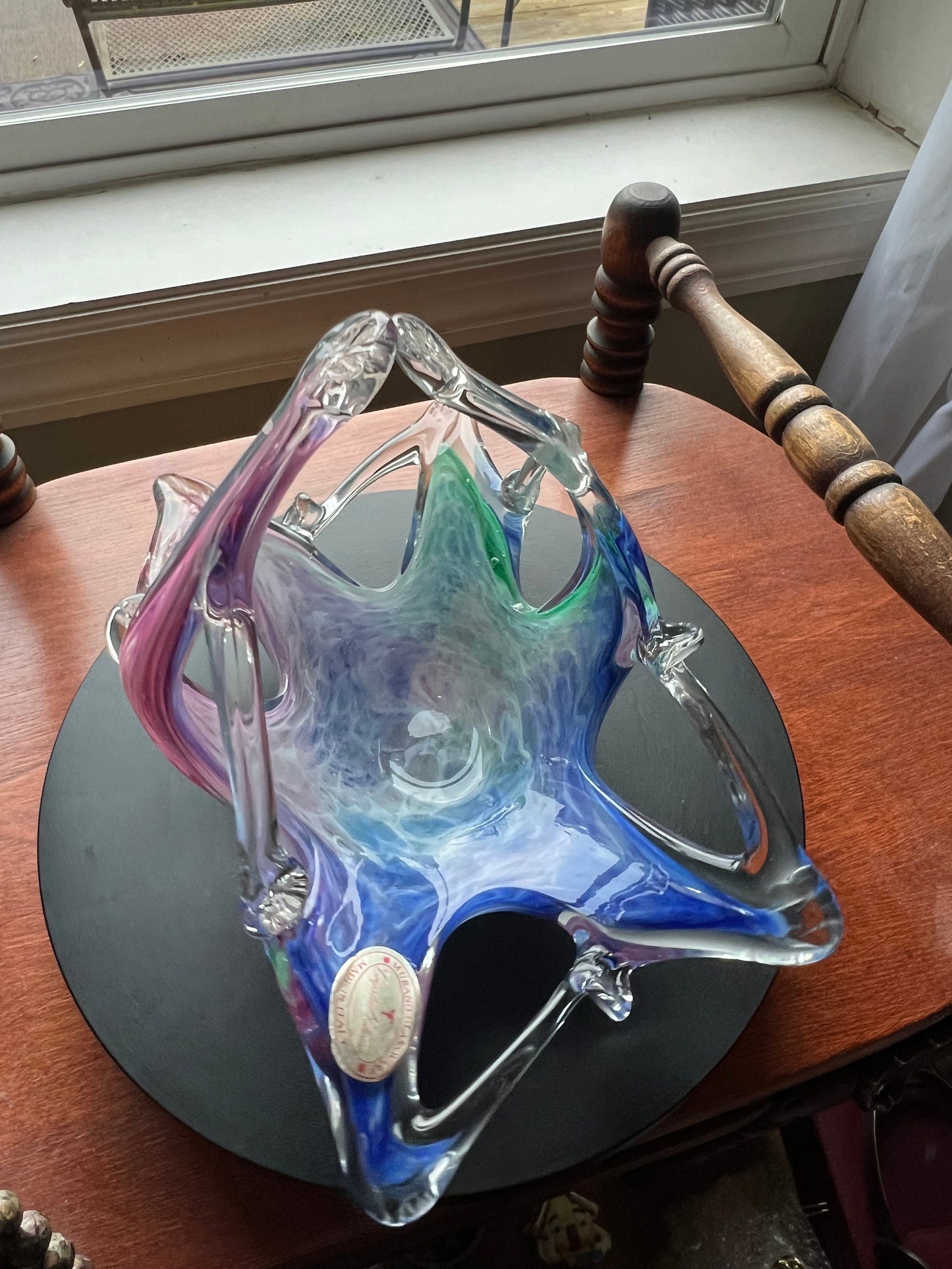 Vintage Murano Art Glass Basket Bowl: Lavorazione Blown Glass, Italy
