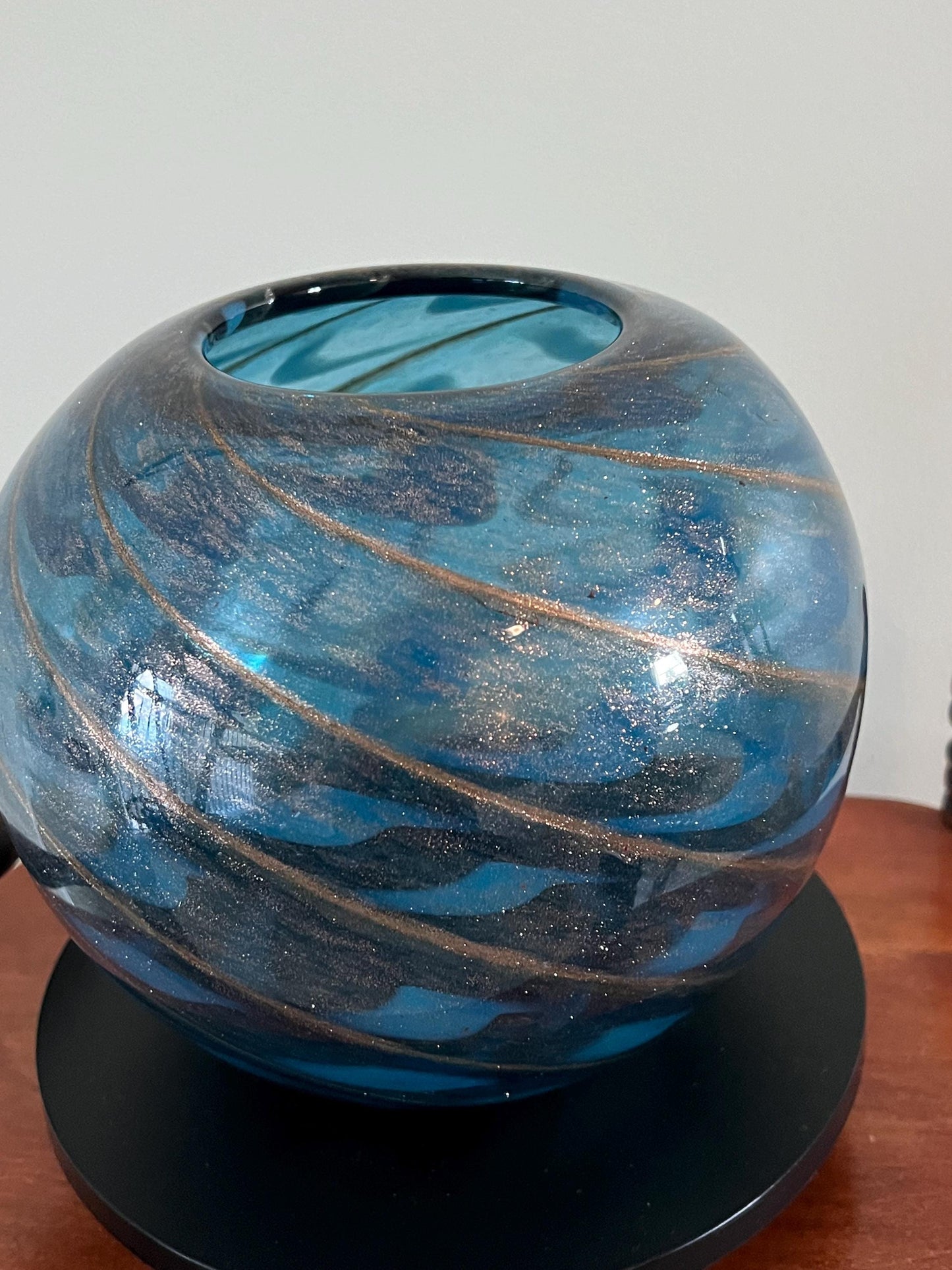 Vintage Murano Blue Glass Vase: Fratelli Toso Style, Aventurine Bronze