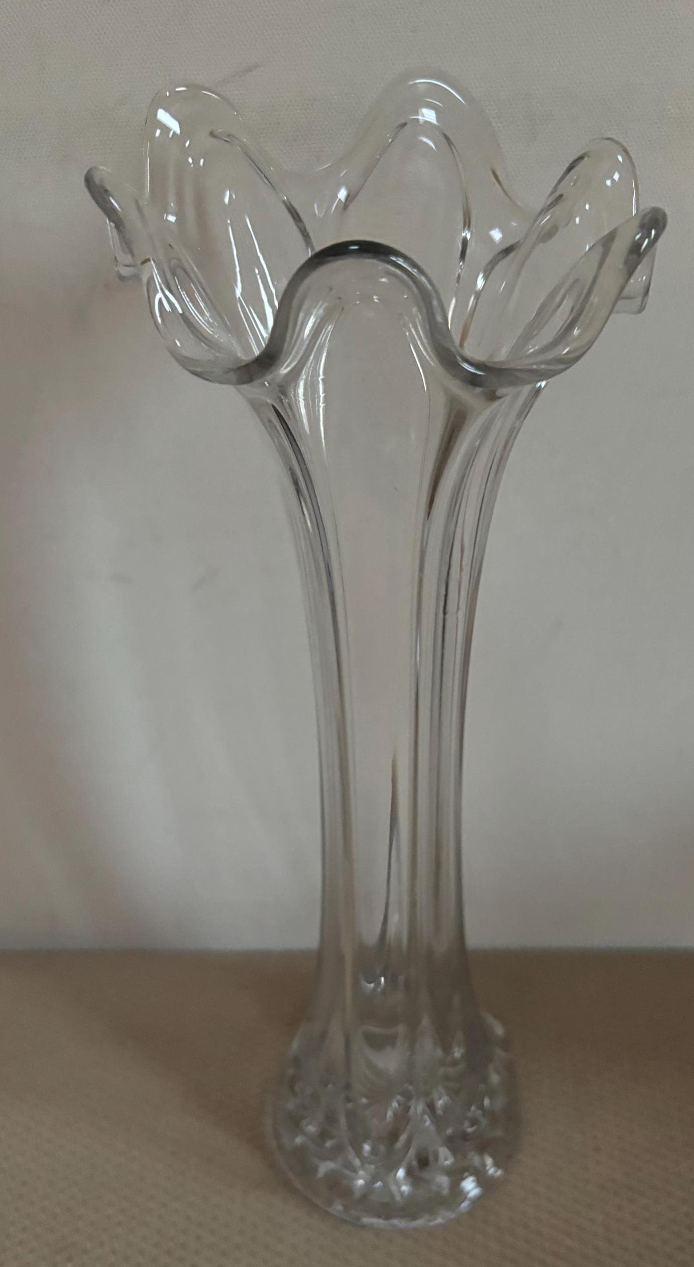 Vintage Ruffled Glass Clear Vase Large Swung Vase Lover Antiques and Vintage