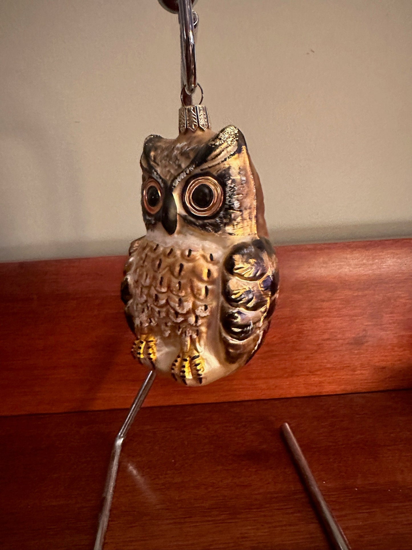 Vintage Brown Glass Owl Ornament - Made in Poland