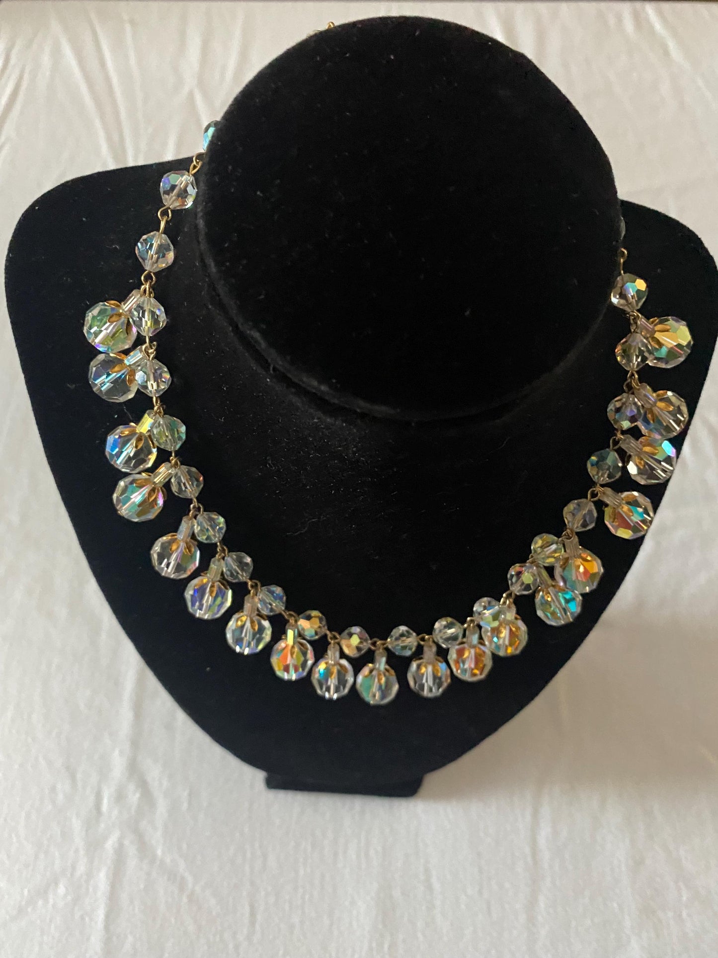 Vintage Aurora Borealis Style Crystals & Gold Necklace Fringe Jewelry Lover Antiques and Vintage