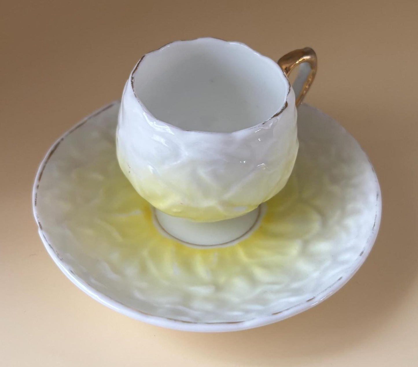 Shelley England Porcelain Tea Cup and Saucer Plate, Yellow & White Hombre, Signed and Numbered