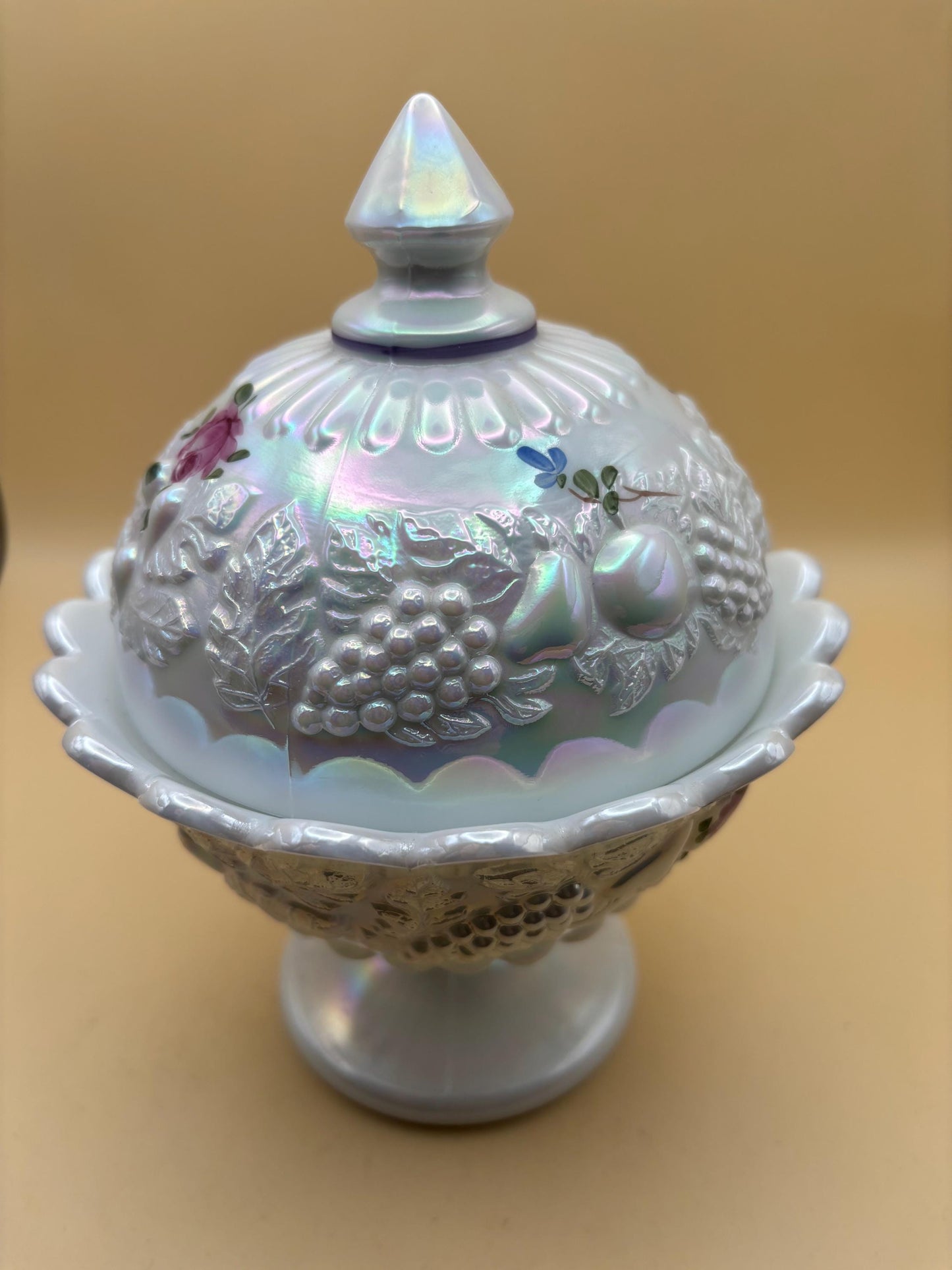 Vintage Westmoreland Iridescent Lidded Compote Candy Dish Grapevine Pattern with Hand Painted Roses Design Lover Antiques and Vintage