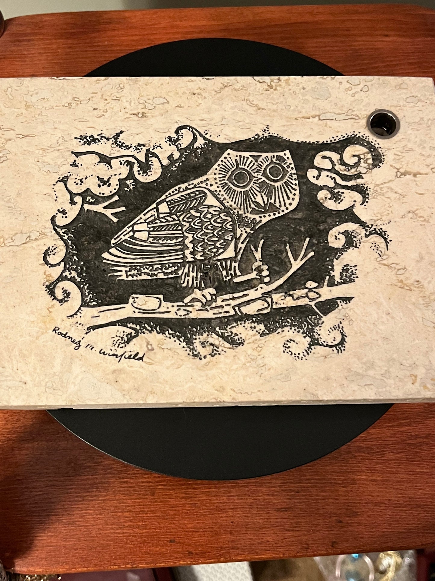 Vintage Owl Etching on Travertine Tile Pen Holder, Signed Art