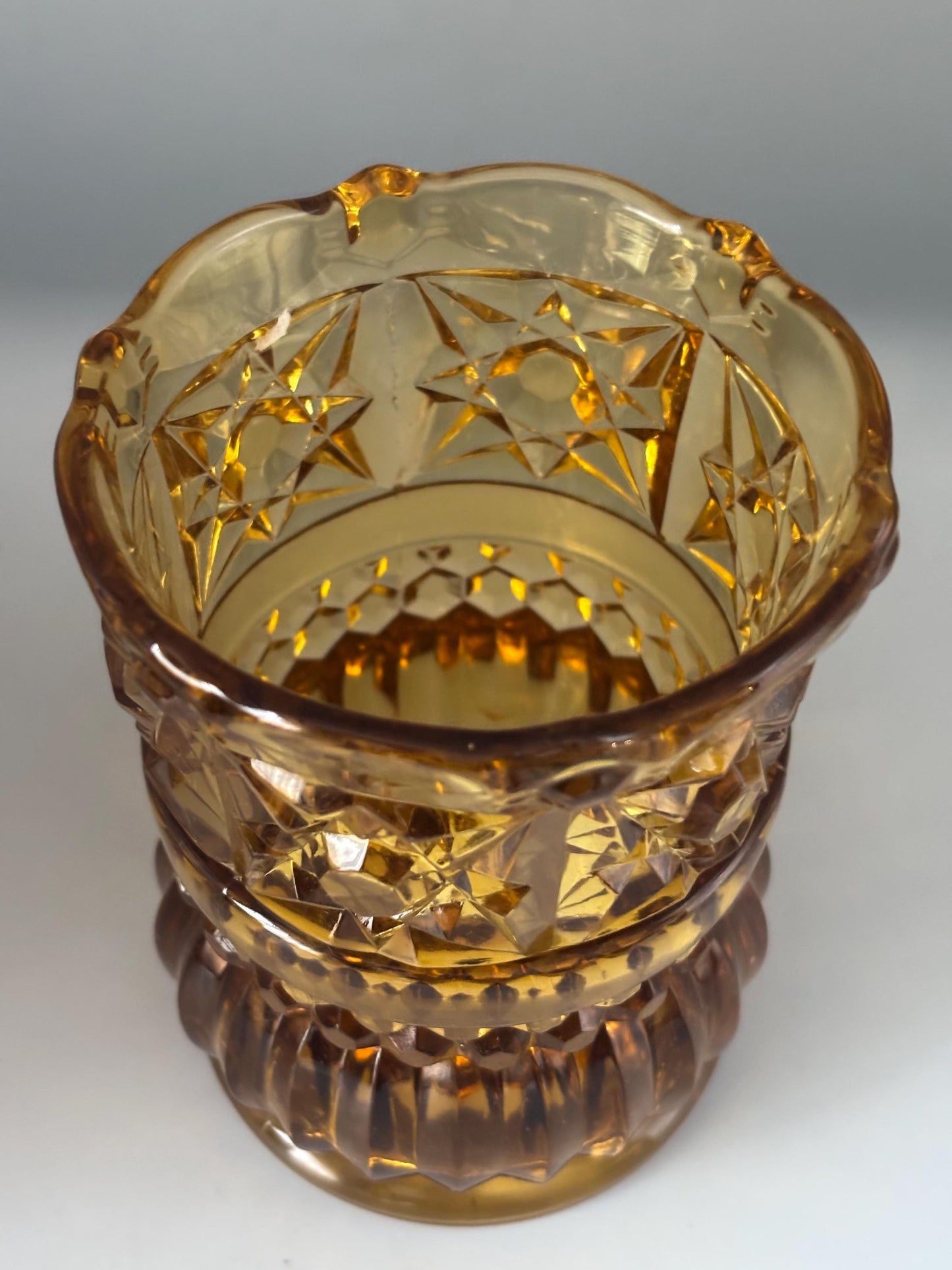 Antique Richards and Hartley Daisy Button Crossbar Mikado Amber Glass Vase Cup, Toothpick Holder, Lover Antiques and Vintage