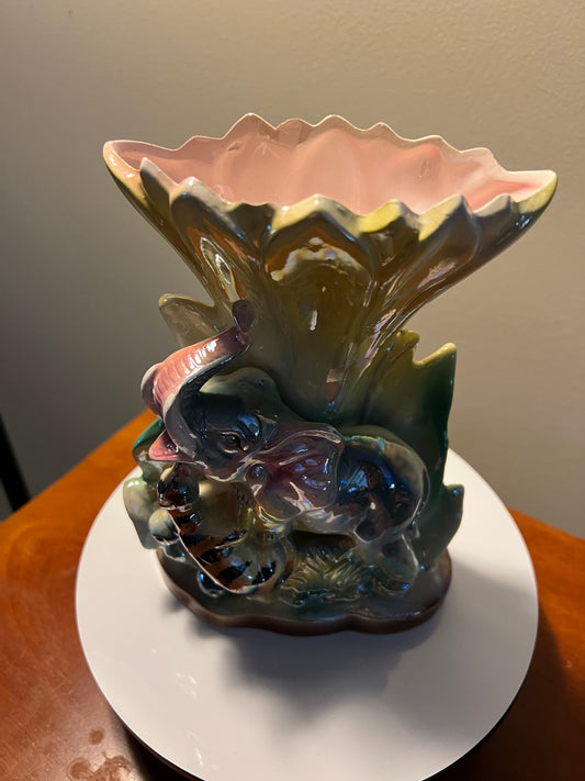 Vintage Elephant Sculpture Palm Tree Ceramic Figurine Home Decor Elephants Lover Antiques
