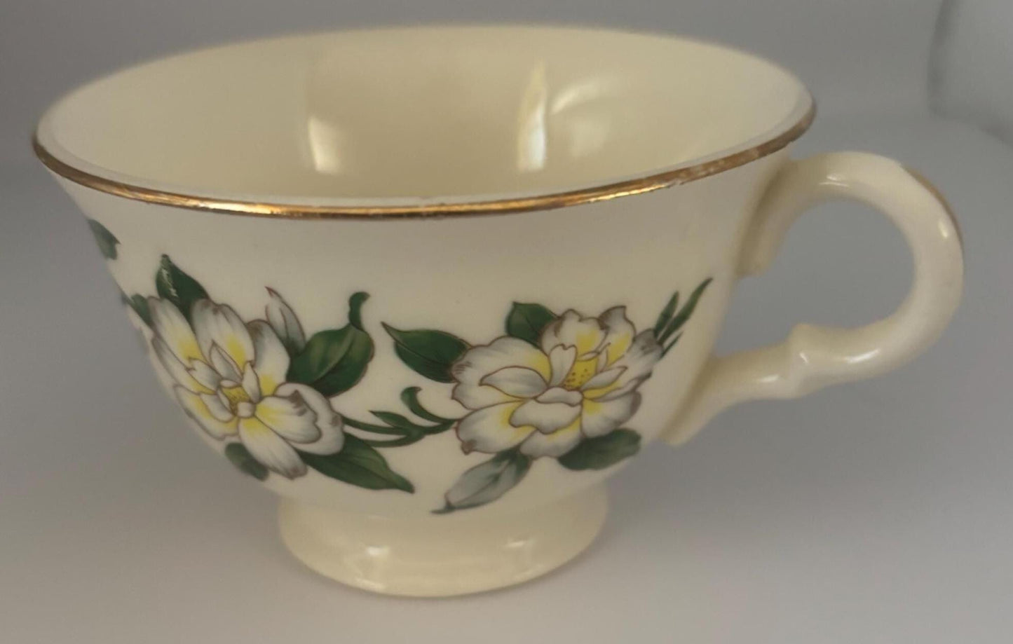 Homer Laughlin Eggshell Georgian Cotillion Teacup with Gold Trim, White Floral Magnolia Pattern