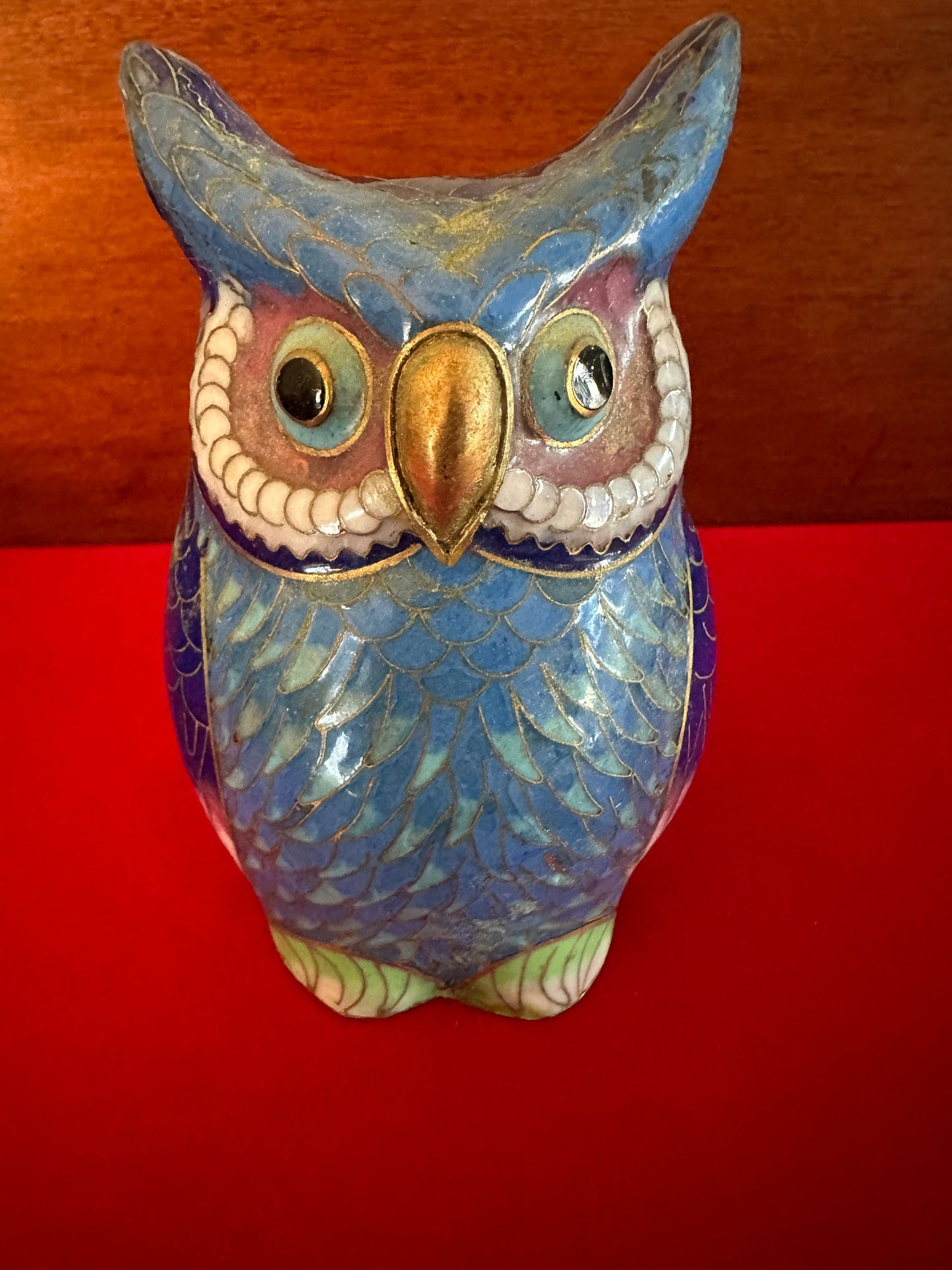 Vintage Cloisonné Enamel Owl Statue: Cobalt Blue & Brass