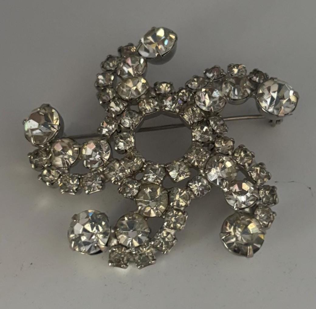 Vintage Rhinestone Swirl Brooch, Crystal Elegant Pin Jewelry