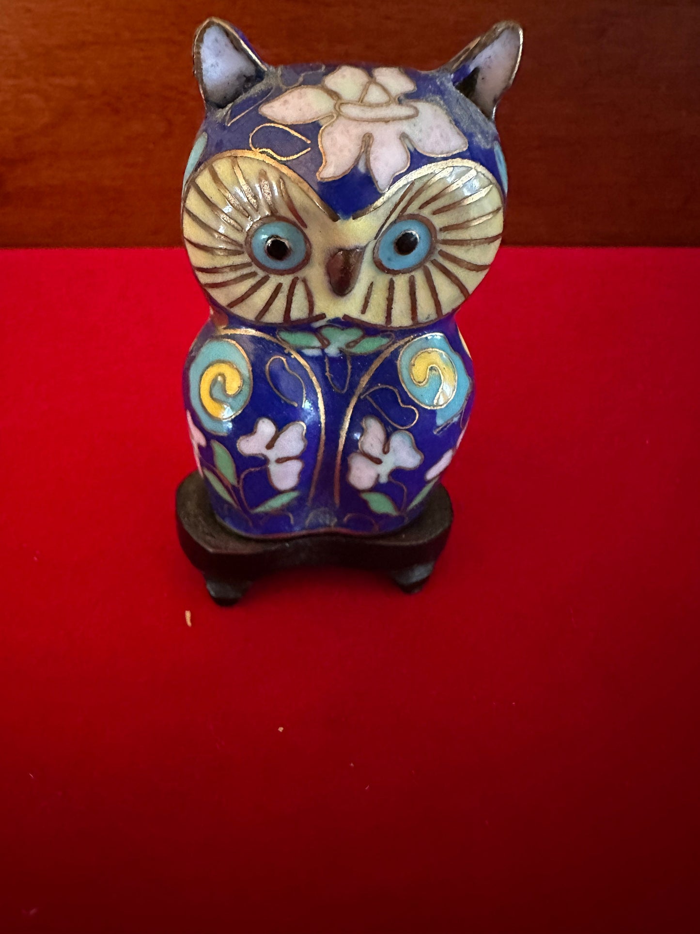 Vintage Cloisonné Enamel Owl Figurine on Stool: Cobalt Blue Brass Statue
