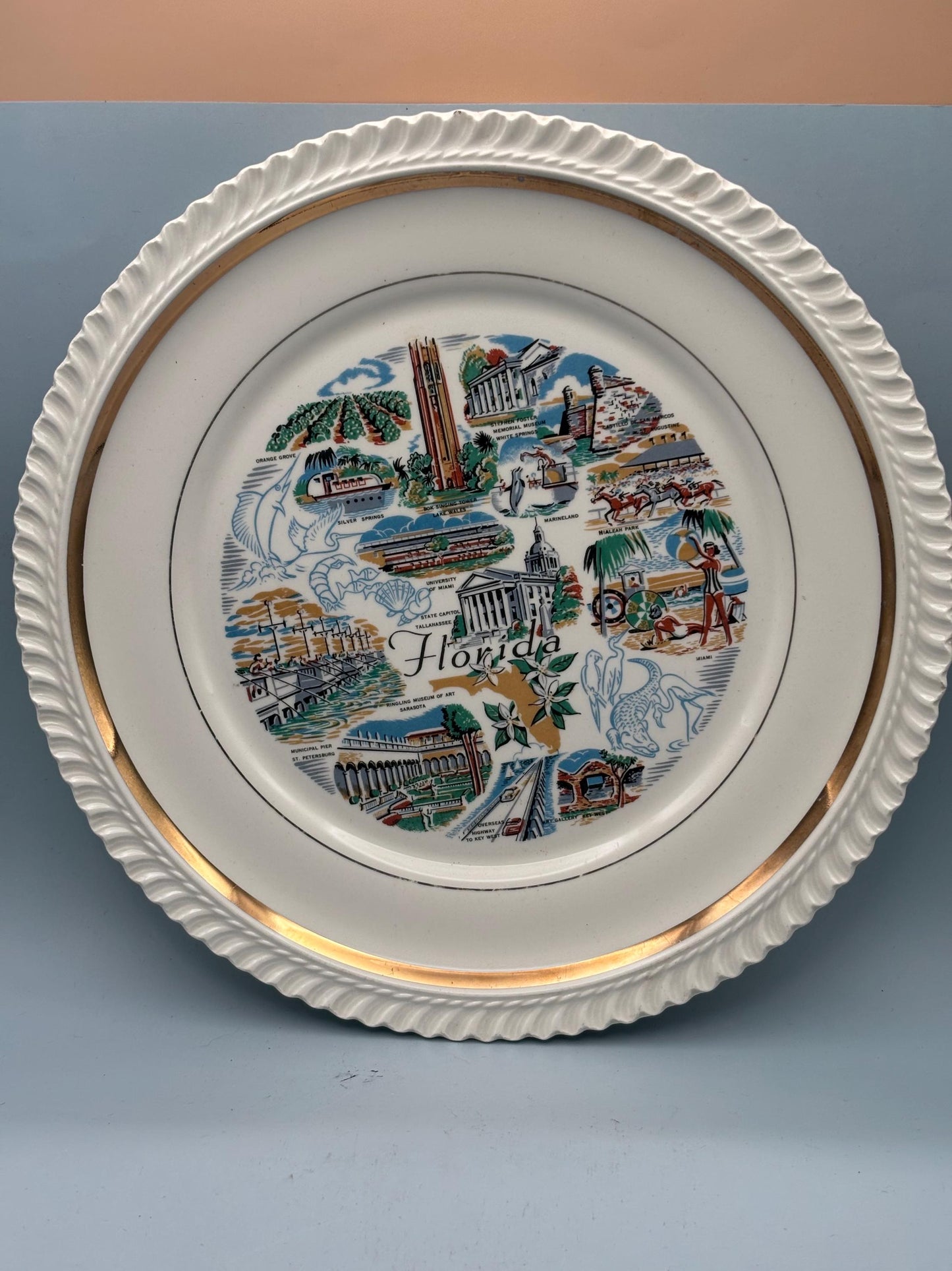 Florida Souvenir 10" Large Plate, Mid Century Florida Landmarks, Ruffled Gold Edge, Lover Antiques and Vintage
