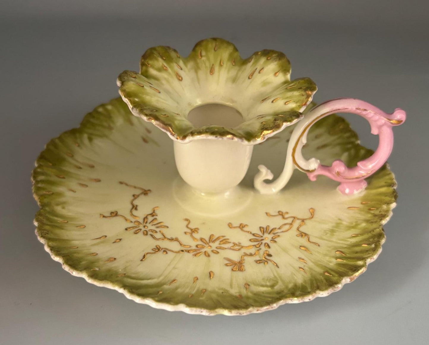 Vintage Limoges Green Gold Pink Fancy Candle Chamberstick with Saucer, French Porcelain Candle Holder, Unique Gift for Her