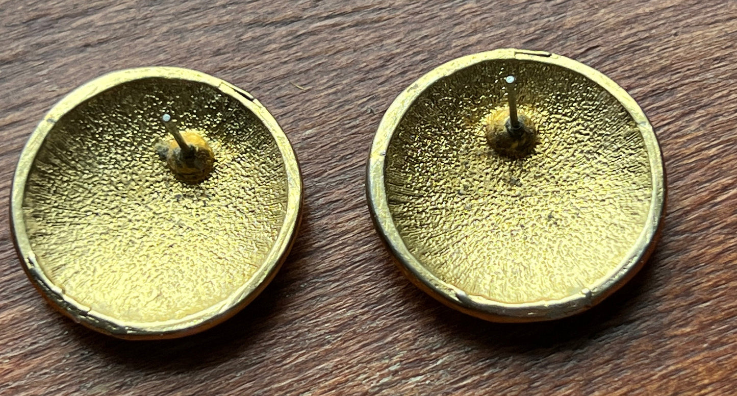 Vintage black and yellow gold tone enamel round earrings mid century modern jewelry