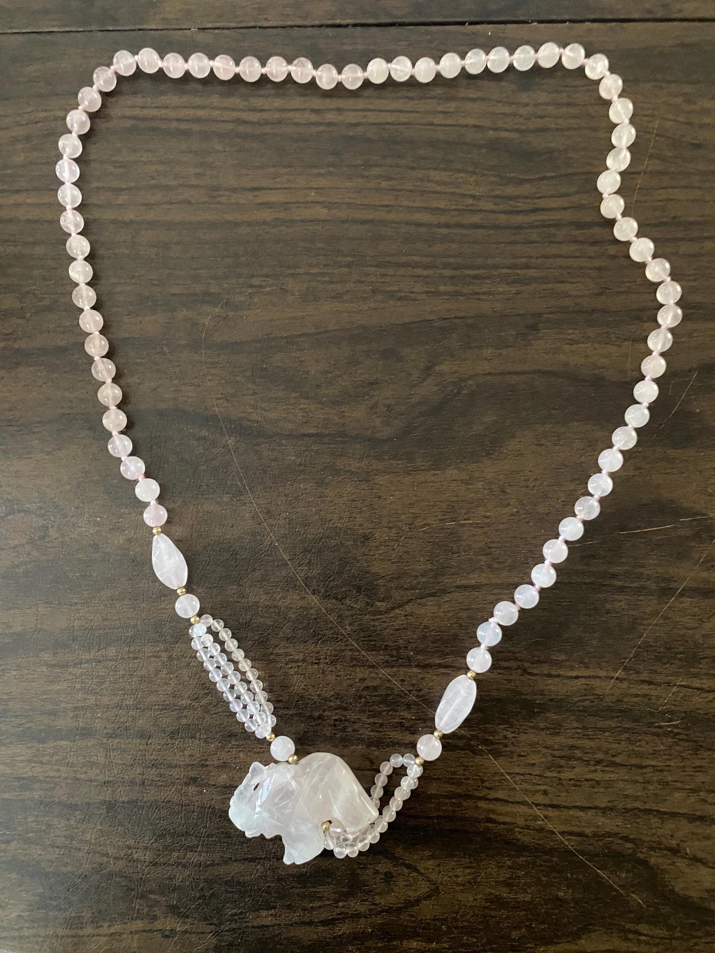 Vintage Rose Quartz Necklace, Elephant Cabochon, Good Luck Charm