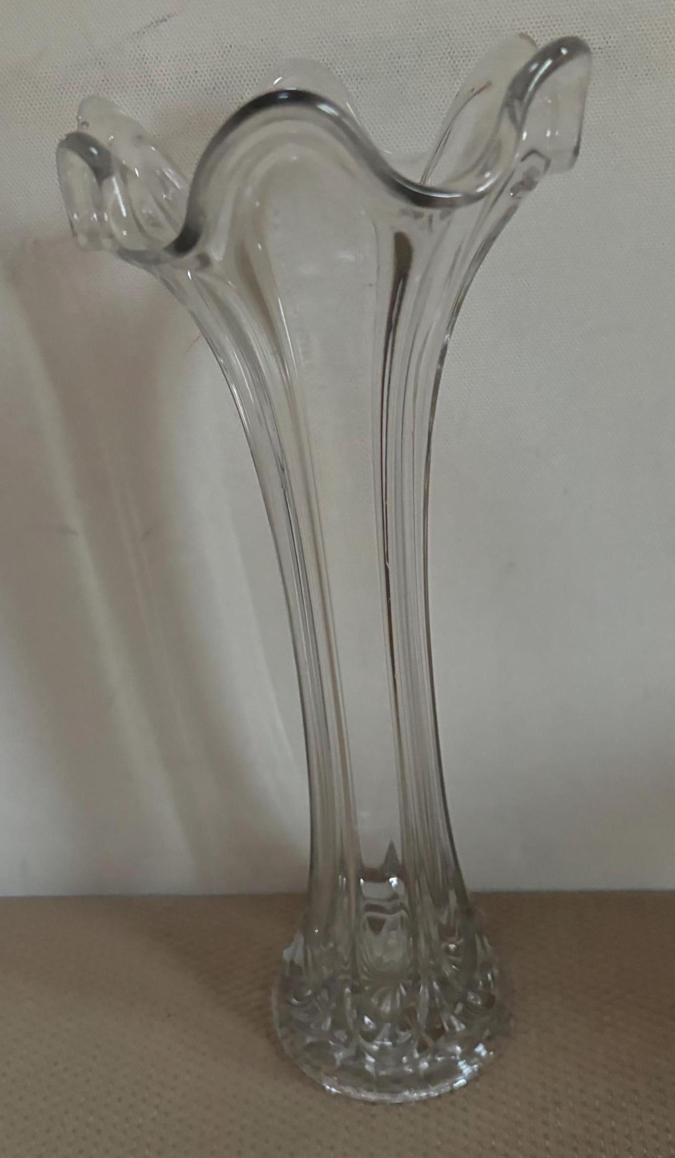 Vintage Ruffled Glass Clear Vase Large Swung Vase Lover Antiques and Vintage