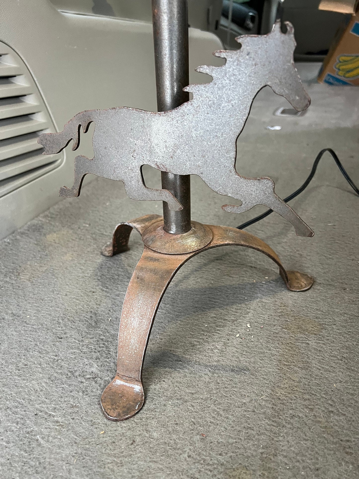 Vintage Wrought Iron Horse Table Lamp with Green Shade