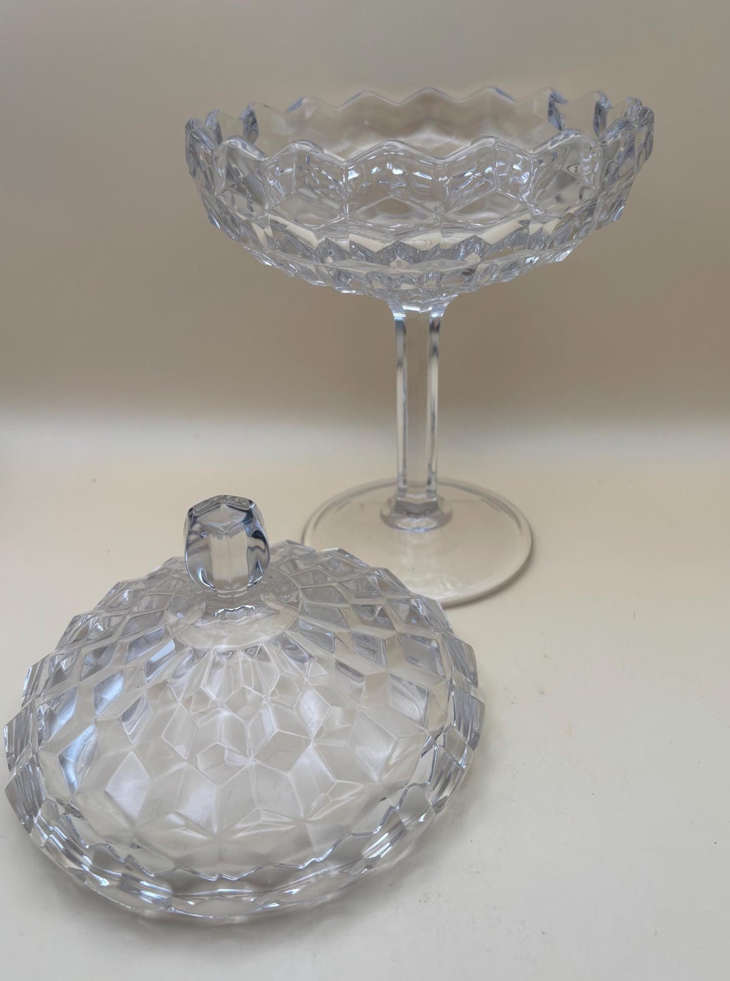 Vintage Fostoria American Cubist Glass Pedestal Candy Dish or Compote with Lid Lover Antiques and Vintage