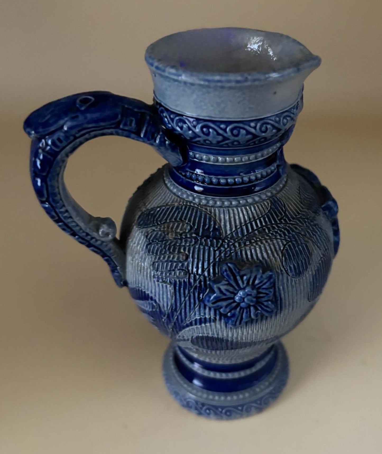 Antique Westerwald Salt Glazed Cobalt Blue Pottery Pitcher Jug Lover Antiques and Vintage