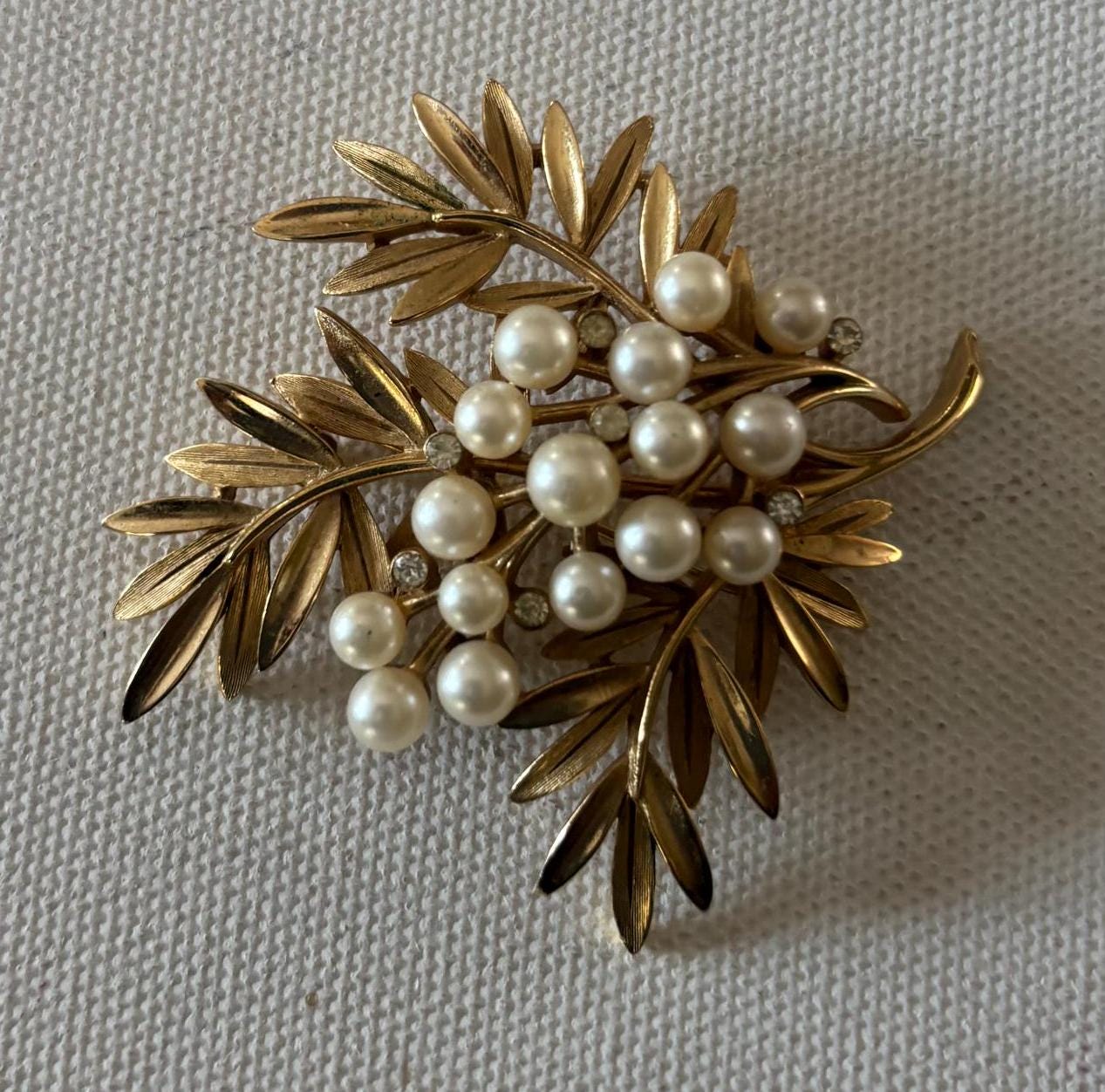 Vintage Crown Trifari Leaf Faux Pearl Brooch Gold Tone Pin Coat Pin Lover Antiques and Vintage