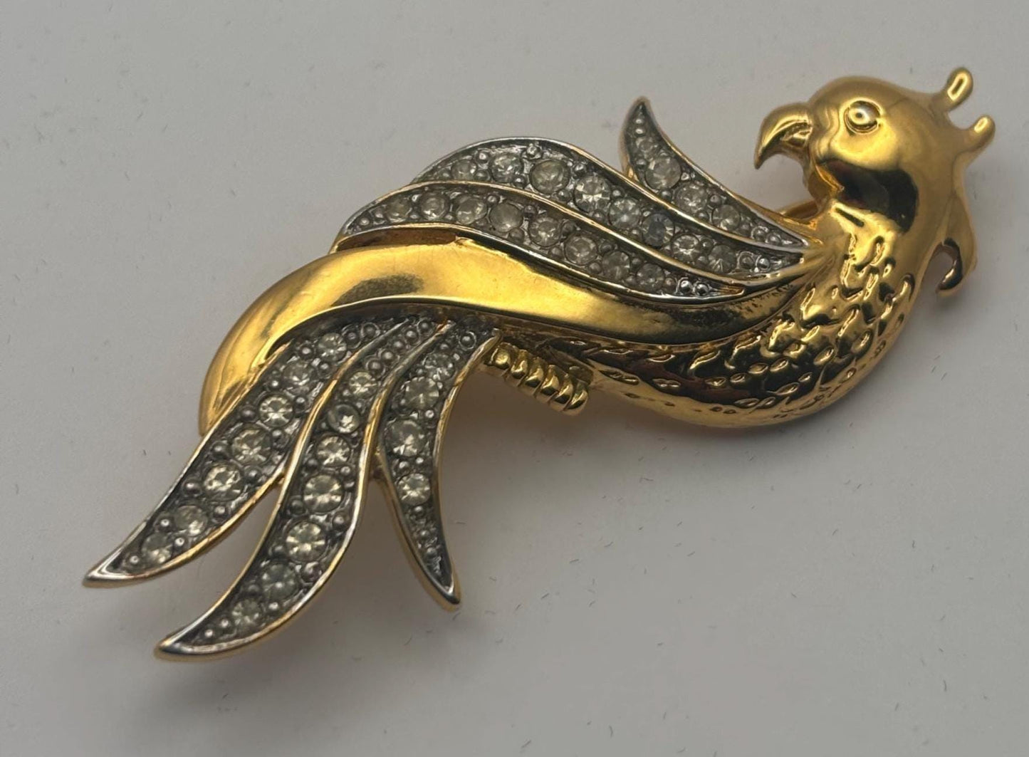 Van Dell Gold Rhinestone Parrot Brooch