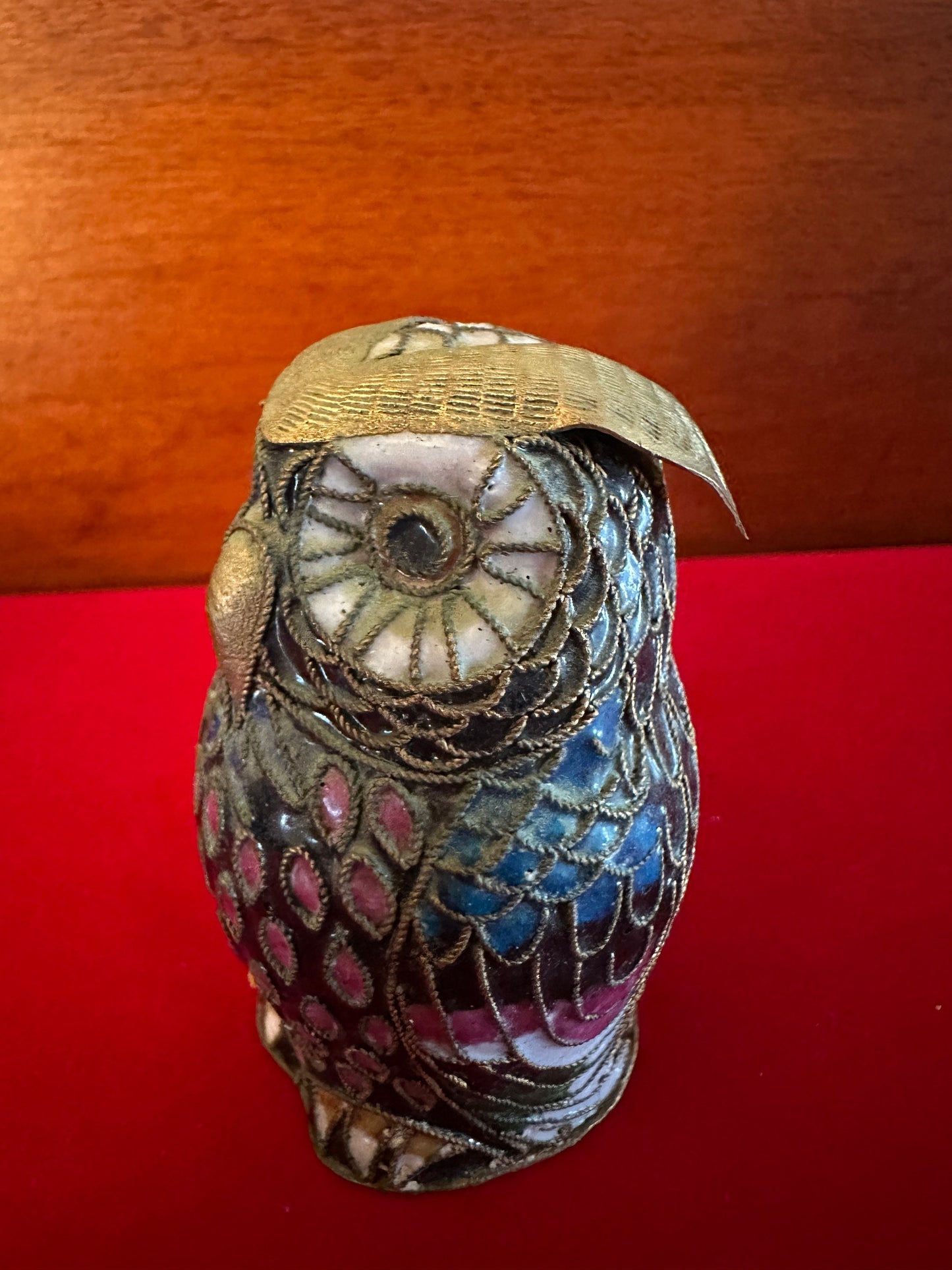 Vintage Cloisonné Owl Statue: Enameled Brass Figurine with Gold Top