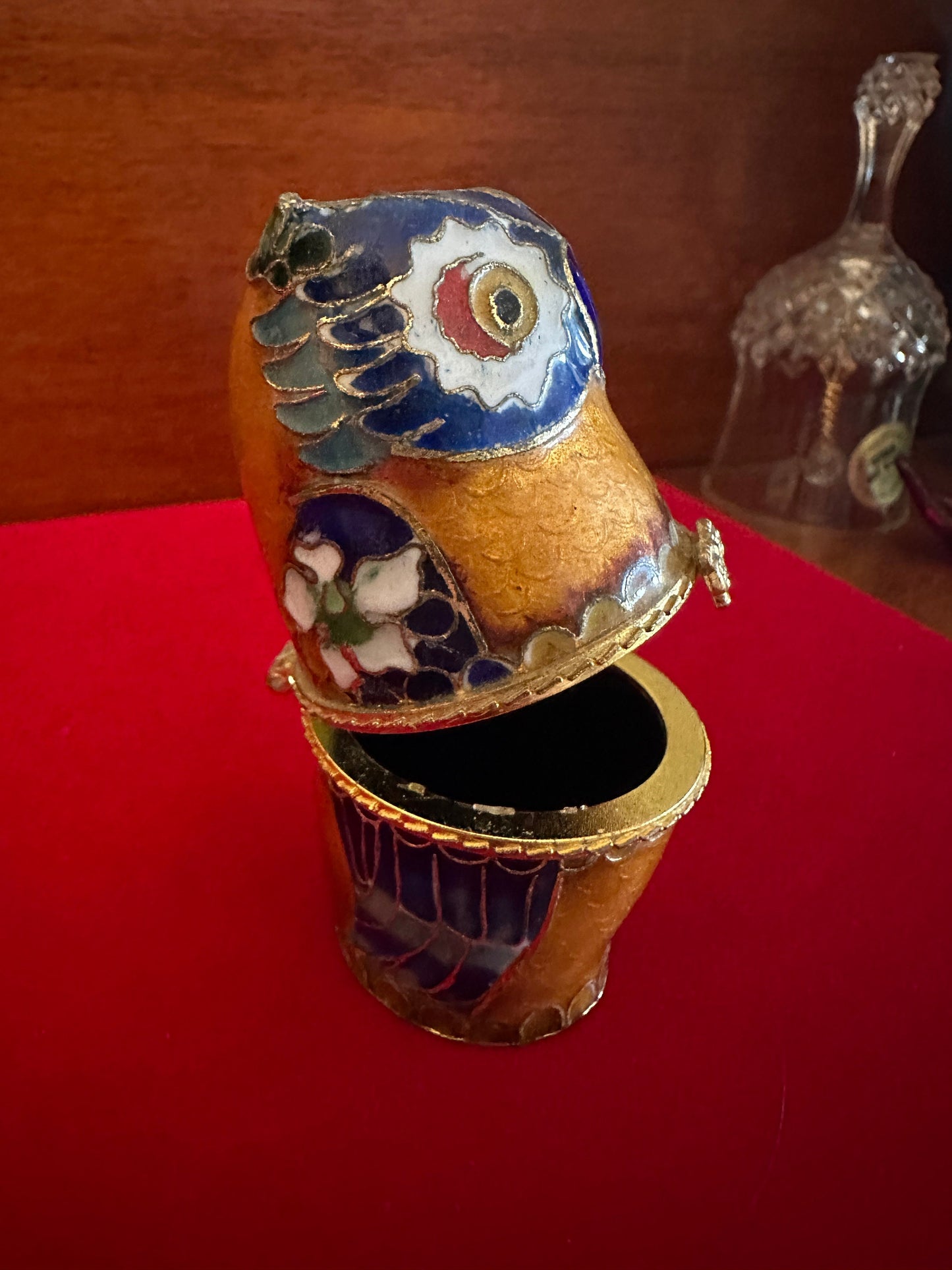 Vintage Cloisonné Enamel Owl Trinket Box: Cobalt Blue Figurine